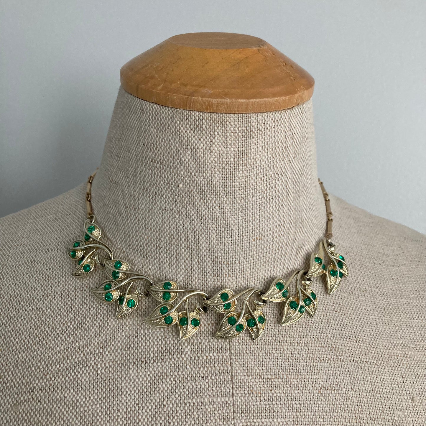 50s Leafy Green Rhinestone Choker, Adjustable Vintage Rhinestone Necklace