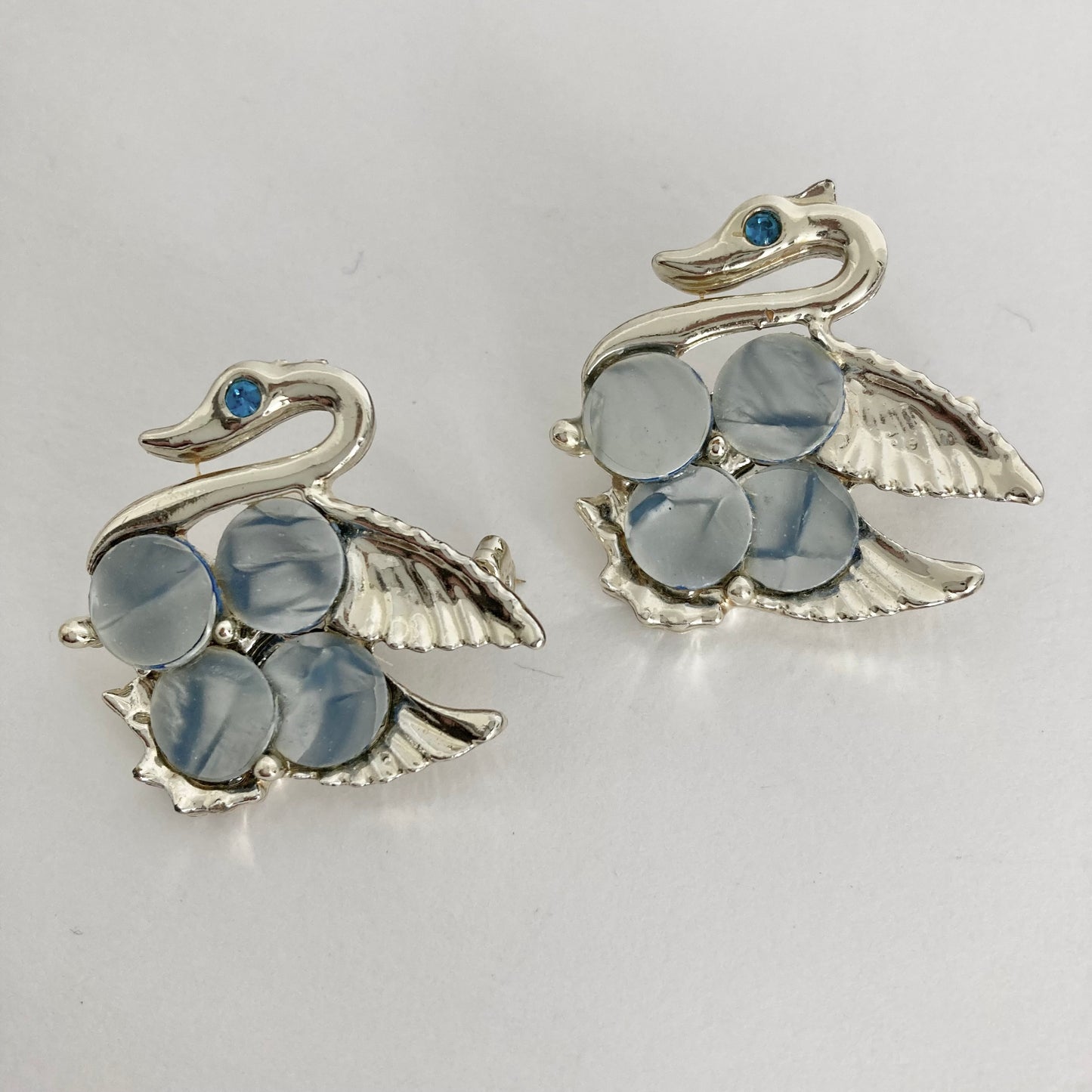 1950s Cracked Ice Lucite Swan Scatter Pins, Pair of Blue Swan Brooches
