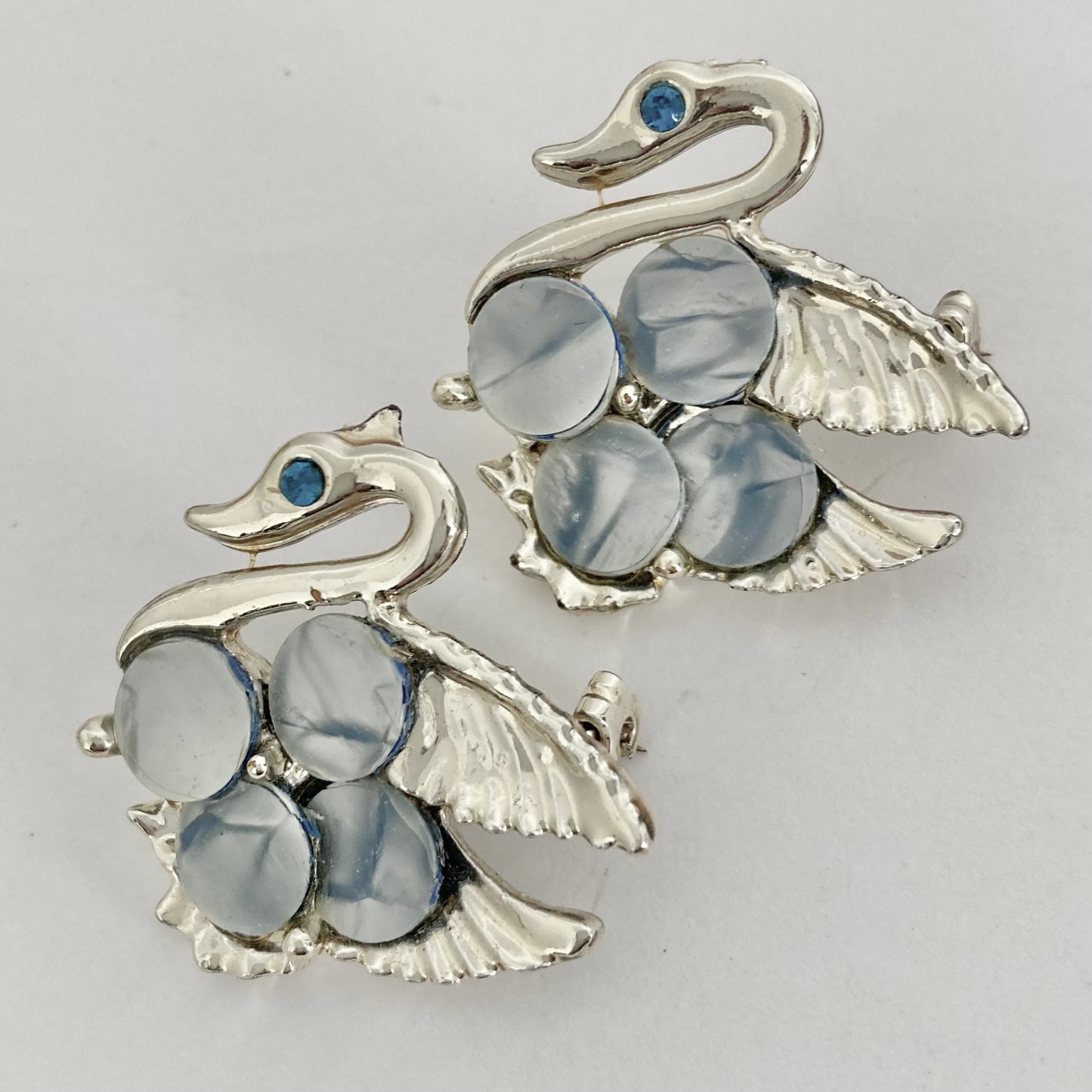 1950s Cracked Ice Lucite Swan Scatter Pins, Pair of Blue Swan Brooches