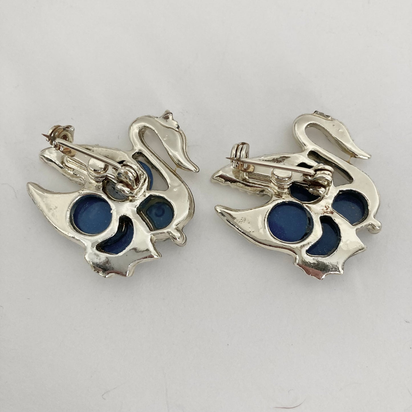 1950s Cracked Ice Lucite Swan Scatter Pins, Pair of Blue Swan Brooches