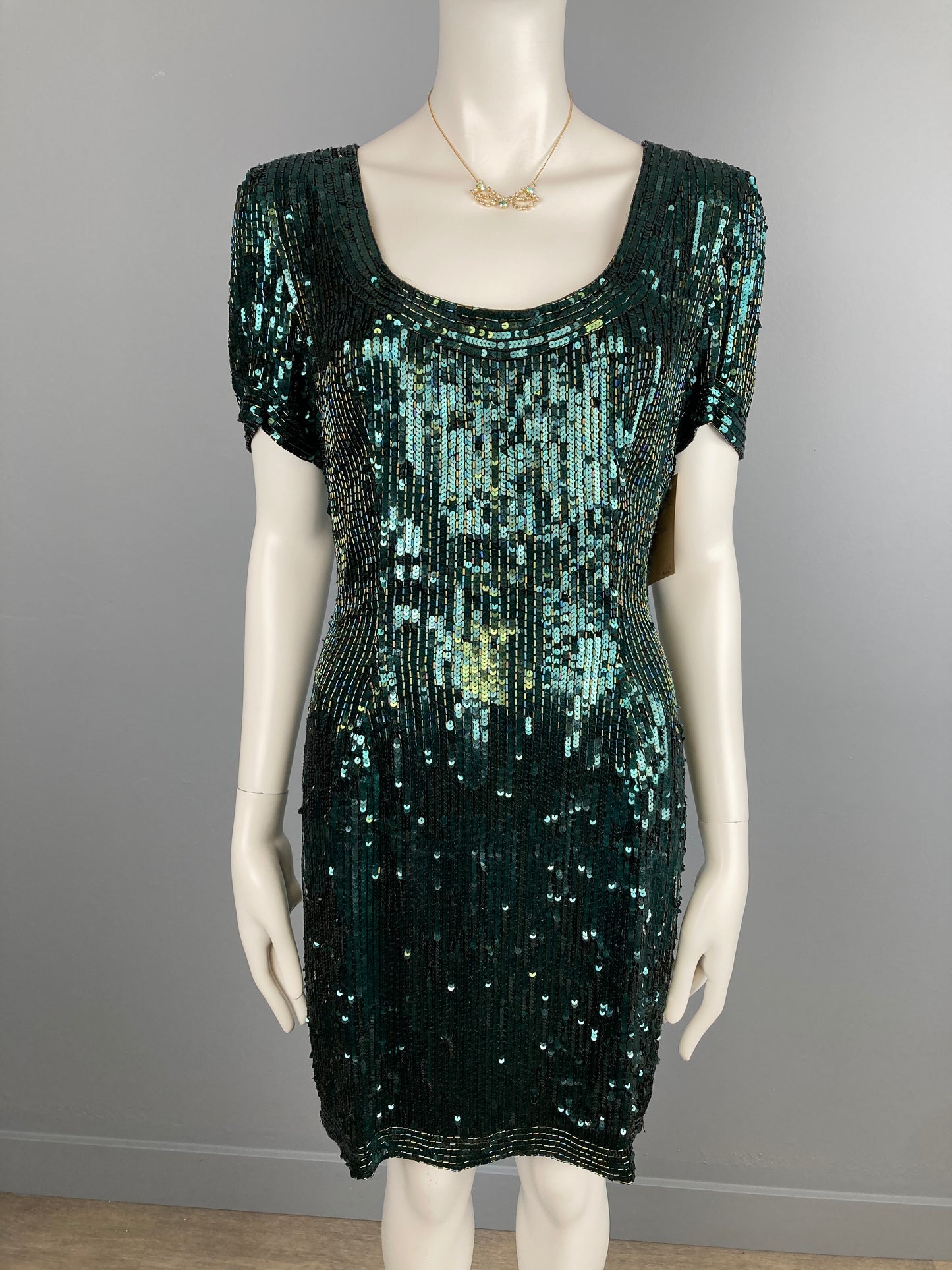 80s Oleg Cassini Black Tie Green Sequinned Party Dress, Size S