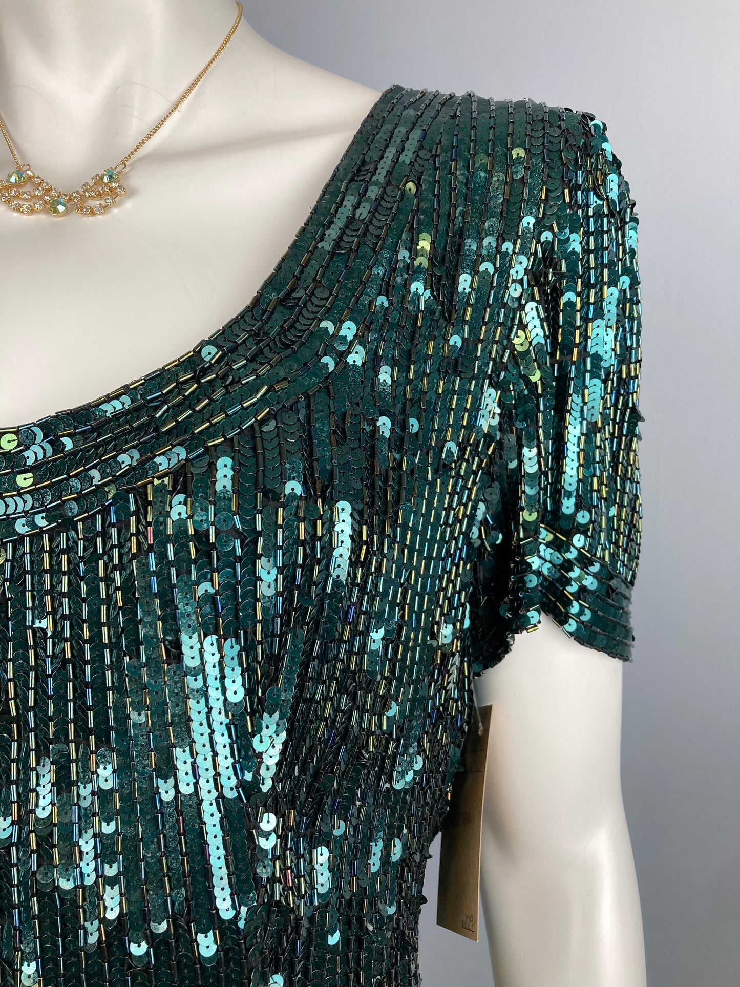 80s Oleg Cassini Black Tie Green Sequinned Party Dress, Size S