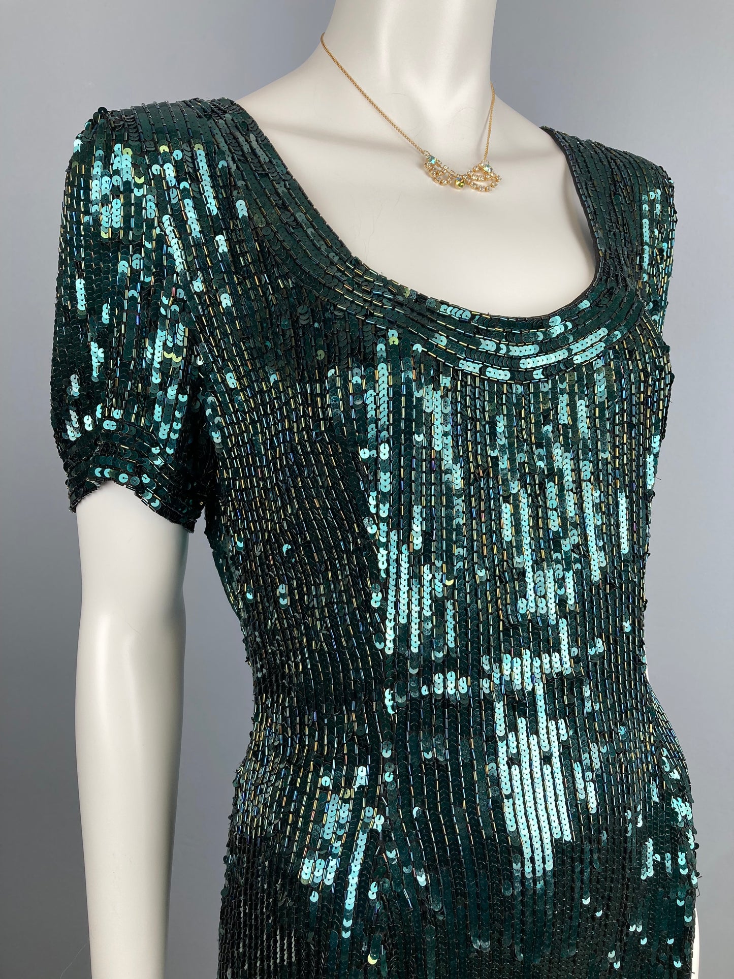80s Oleg Cassini Black Tie Green Sequinned Party Dress, Size S