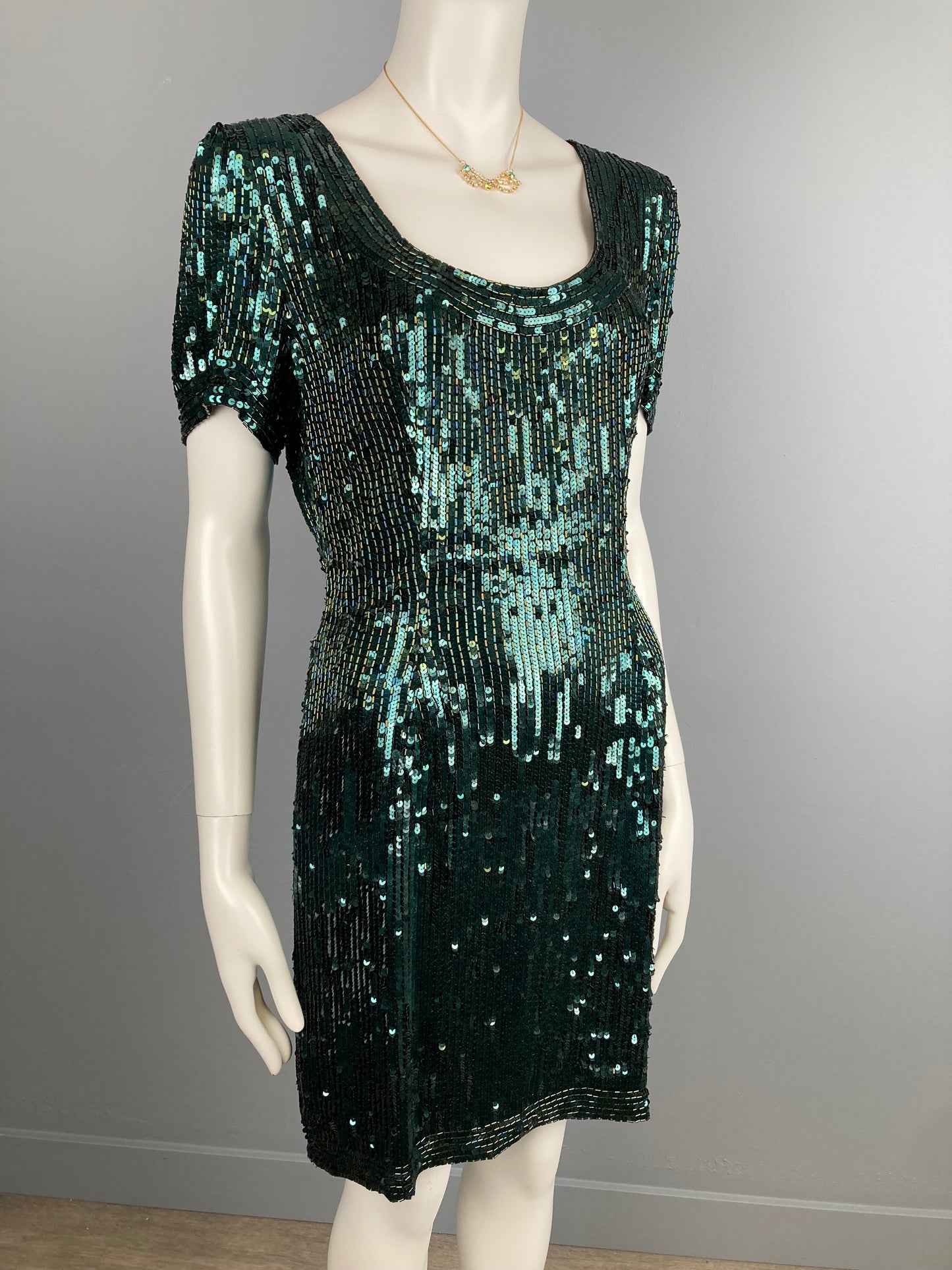 80s Oleg Cassini Black Tie Green Sequinned Party Dress, Size S