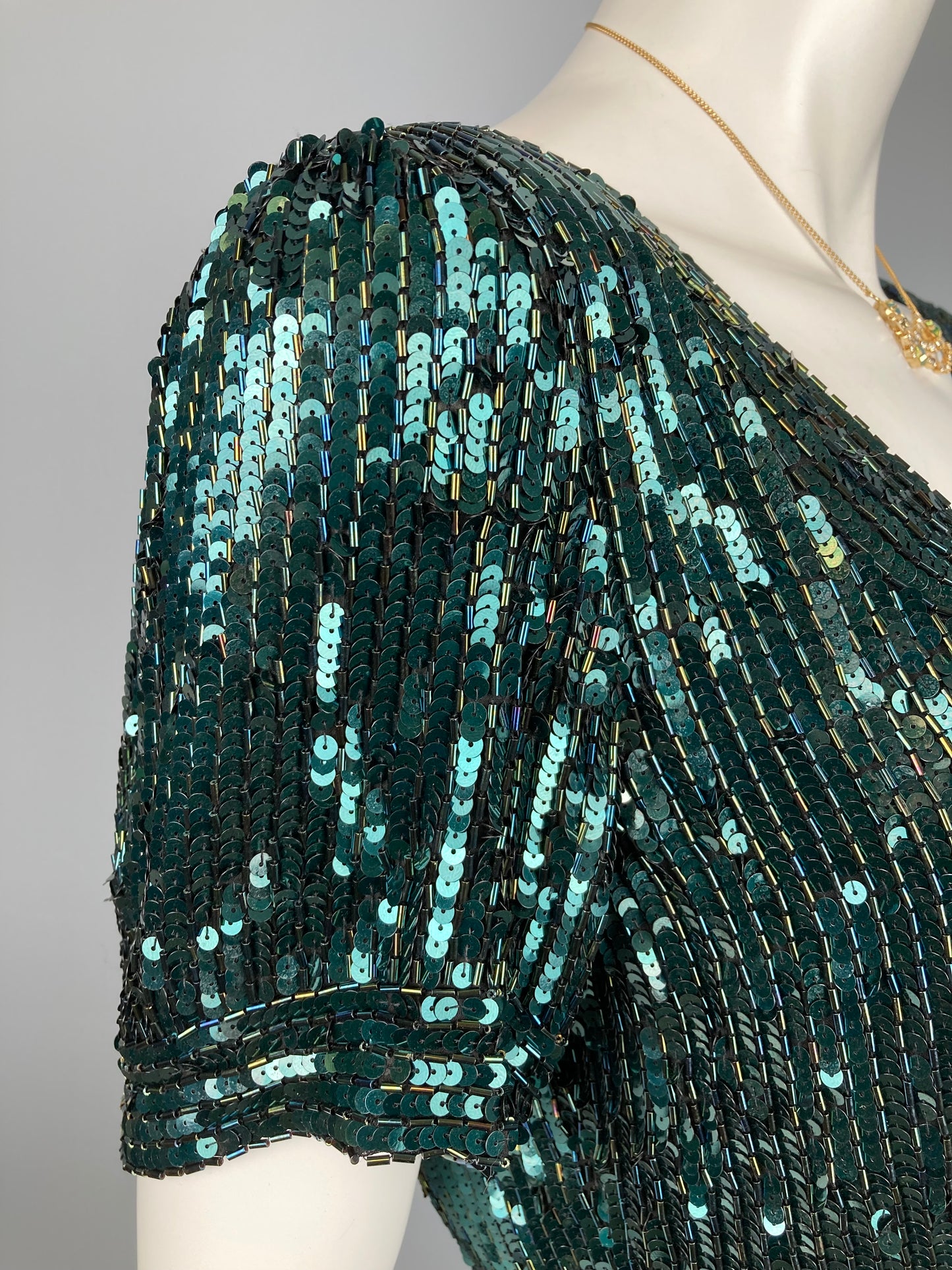 80s Oleg Cassini Black Tie Green Sequinned Party Dress, Size S