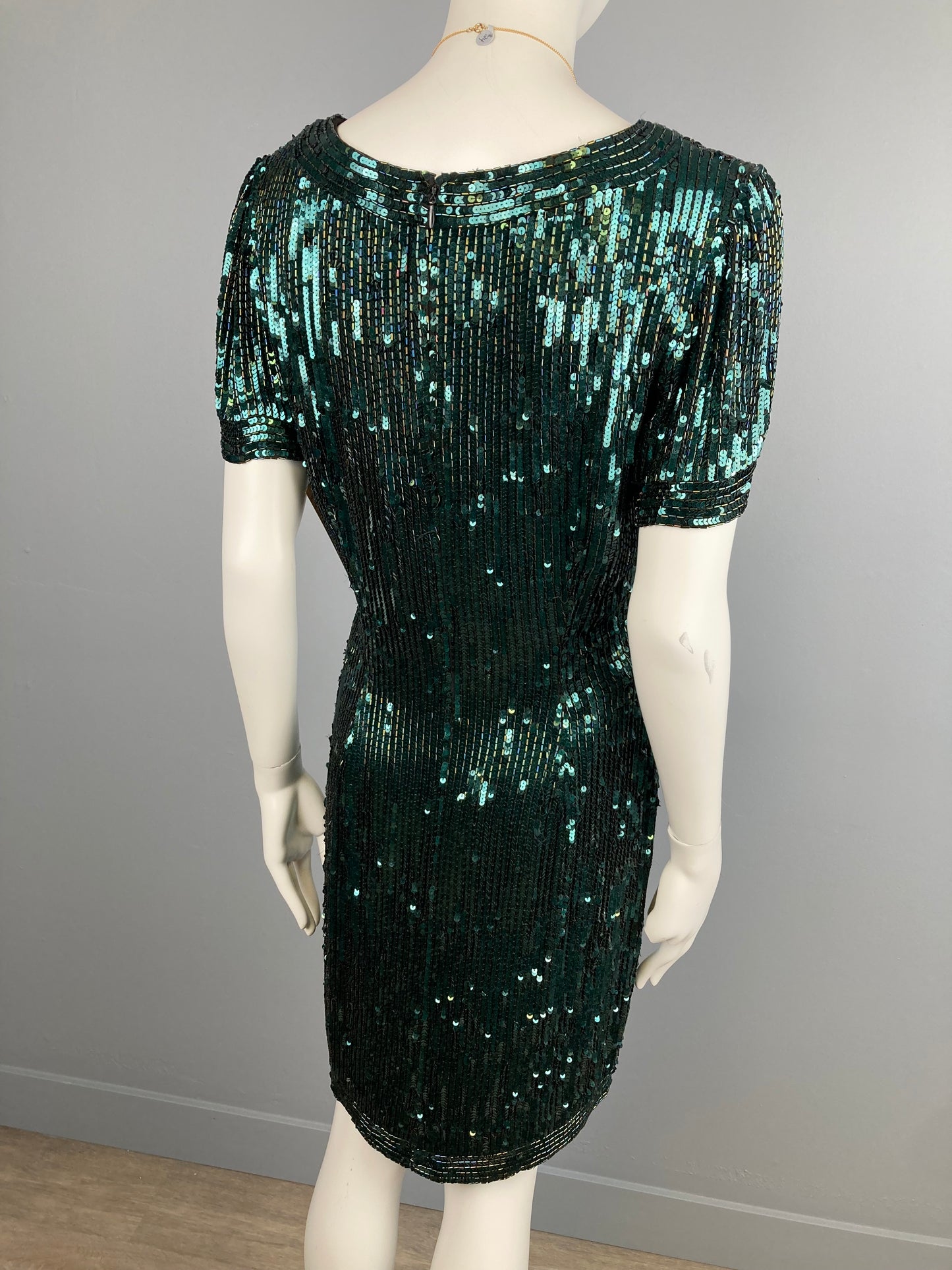 80s Oleg Cassini Black Tie Green Sequinned Party Dress, Size S