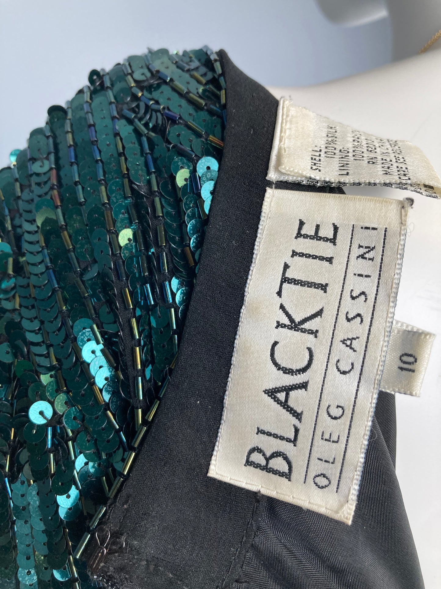 80s Oleg Cassini Black Tie Green Sequinned Party Dress, Size S