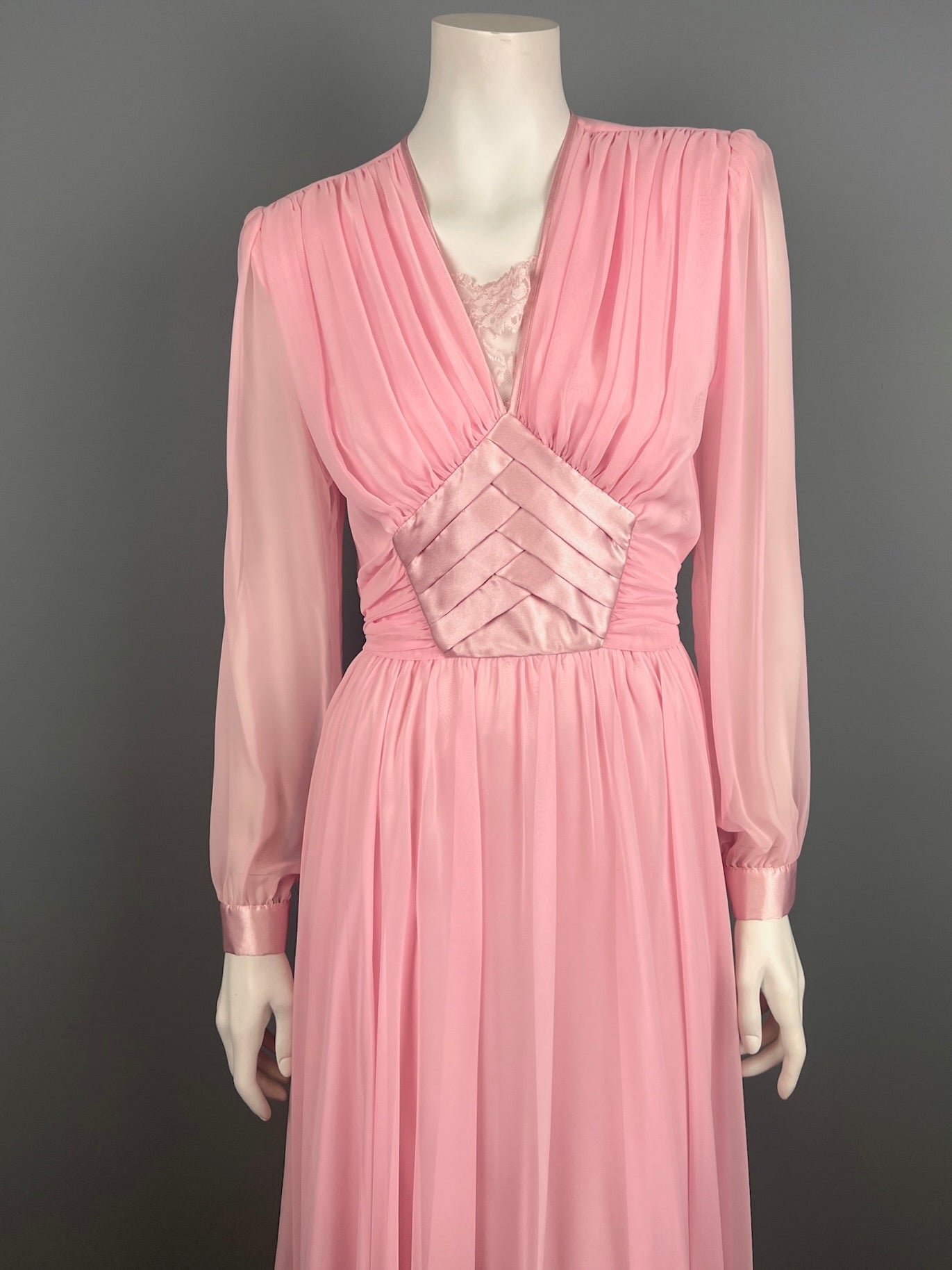 1980s Flowy Pink Chiffon Dress, Flattering Draped Pink Chiffon Dress, Size S
