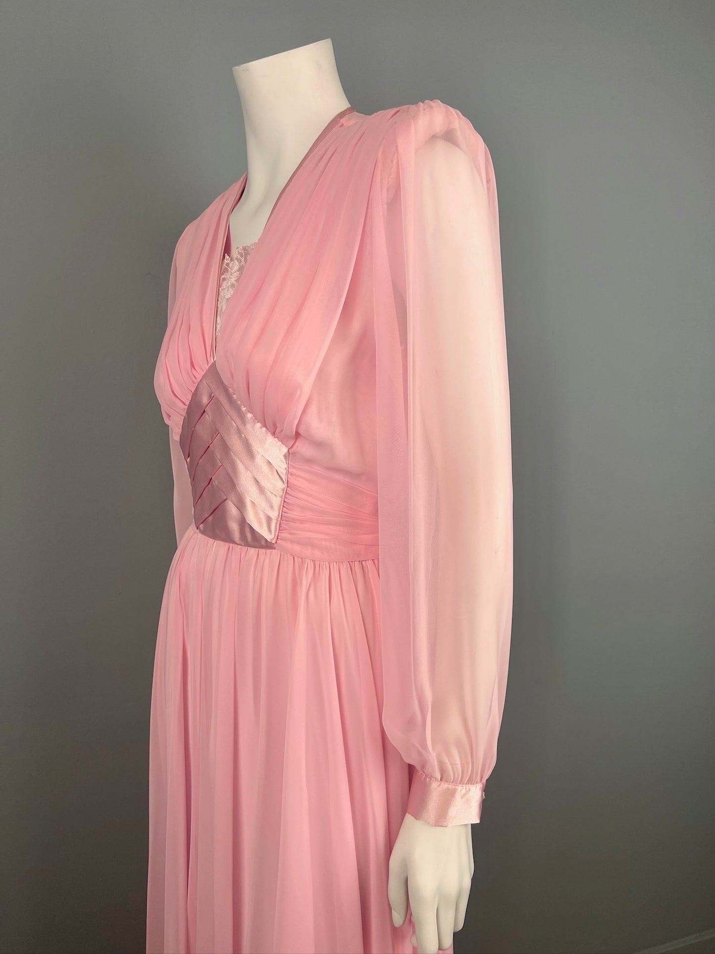 1980s Flowy Pink Chiffon Dress, Flattering Draped Pink Chiffon Dress, Size S