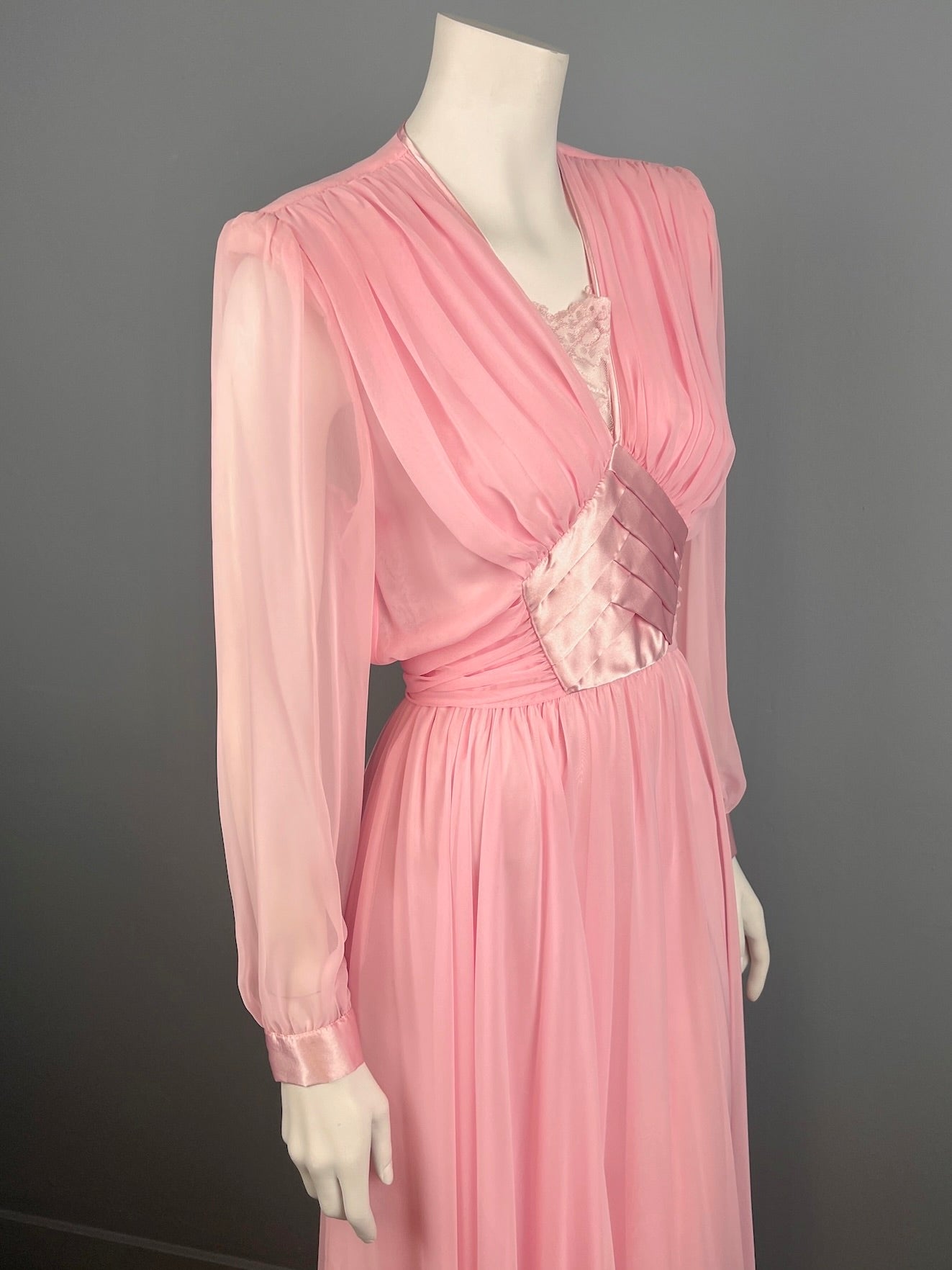 1980s Flowy Pink Chiffon Dress, Flattering Draped Pink Chiffon Dress, Size S