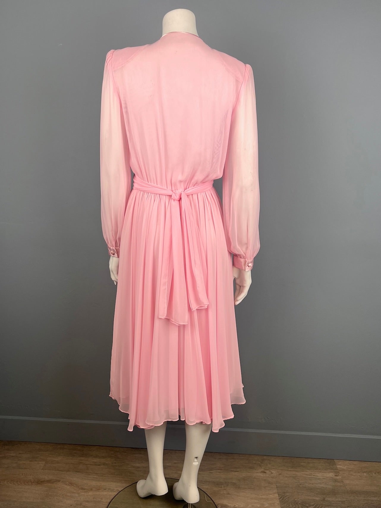 1980s Flowy Pink Chiffon Dress, Flattering Draped Pink Chiffon Dress, Size S