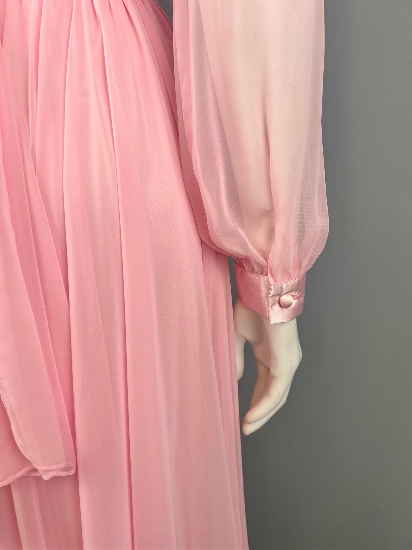 1980s Flowy Pink Chiffon Dress, Flattering Draped Pink Chiffon Dress, Size S