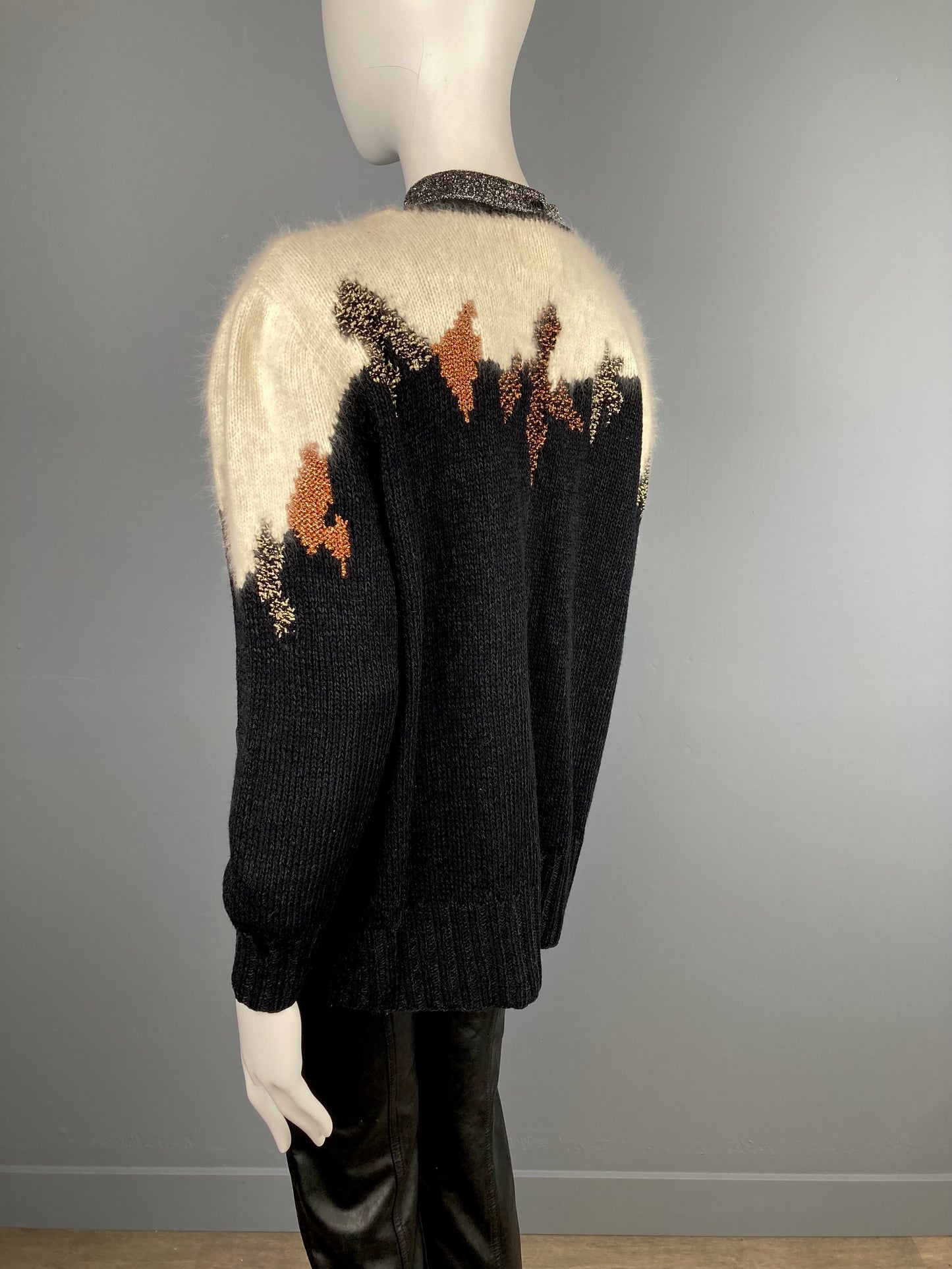 80s Metallic and Angora Detailed Cardigan, Black Abstract Rayon Blend Cardigan, Size 2XL