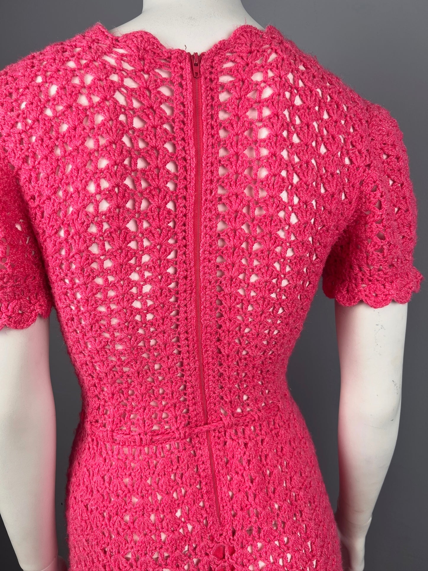 1960/70s Hand Crocheted Dress, Vintage Hot Pink Mod Crochet Dress, Size Small