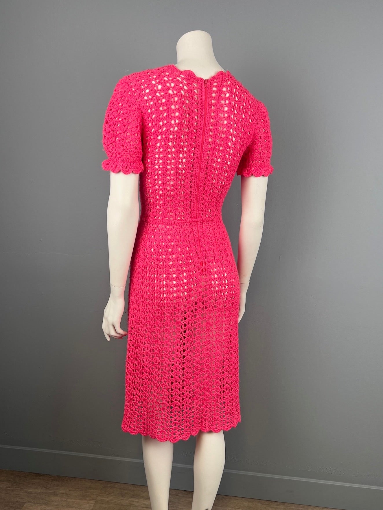 1960/70s Hand Crocheted Dress, Vintage Hot Pink Mod Crochet Dress, Size Small