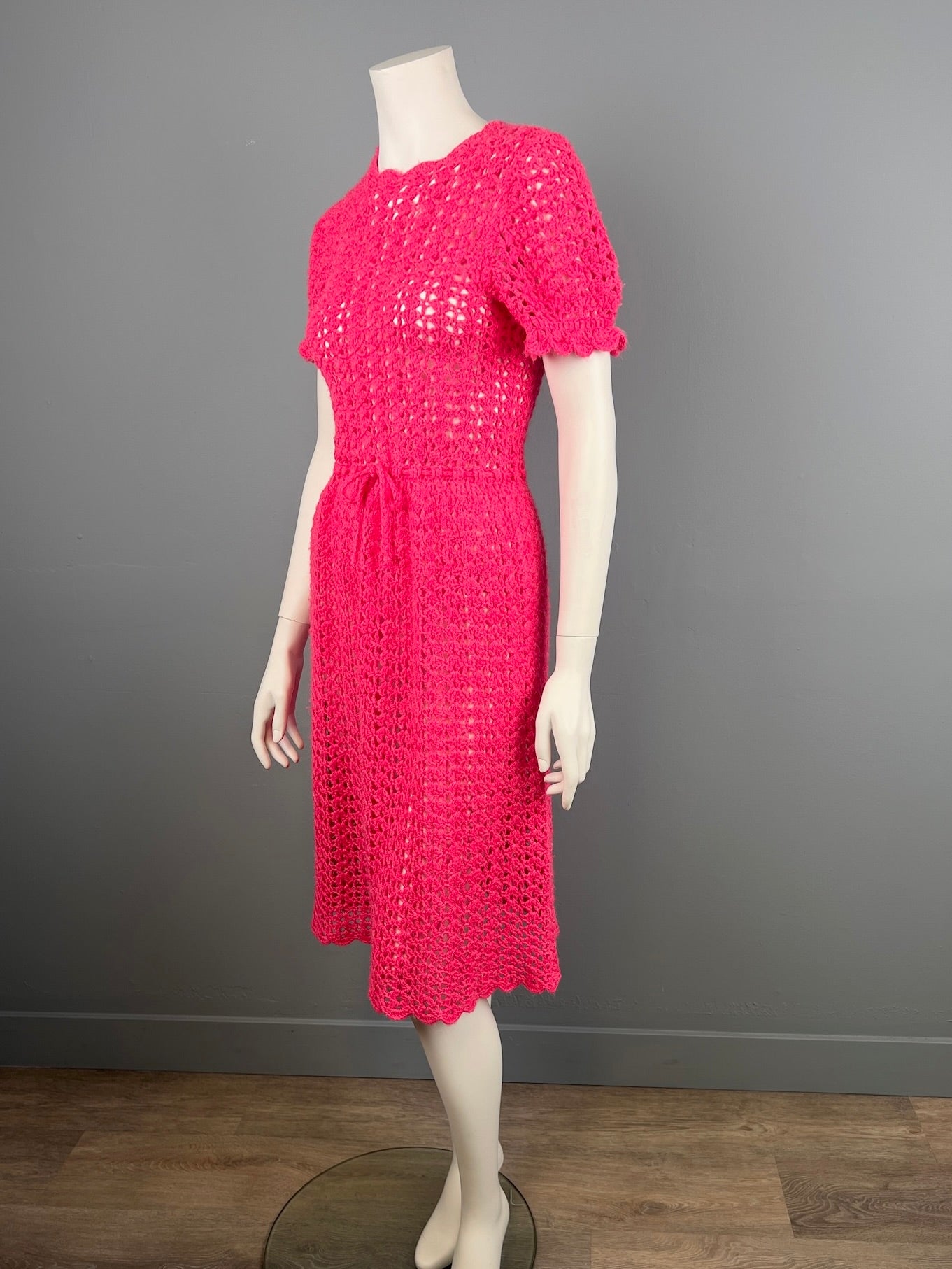 1960/70s Hand Crocheted Dress, Vintage Hot Pink Mod Crochet Dress, Size Small