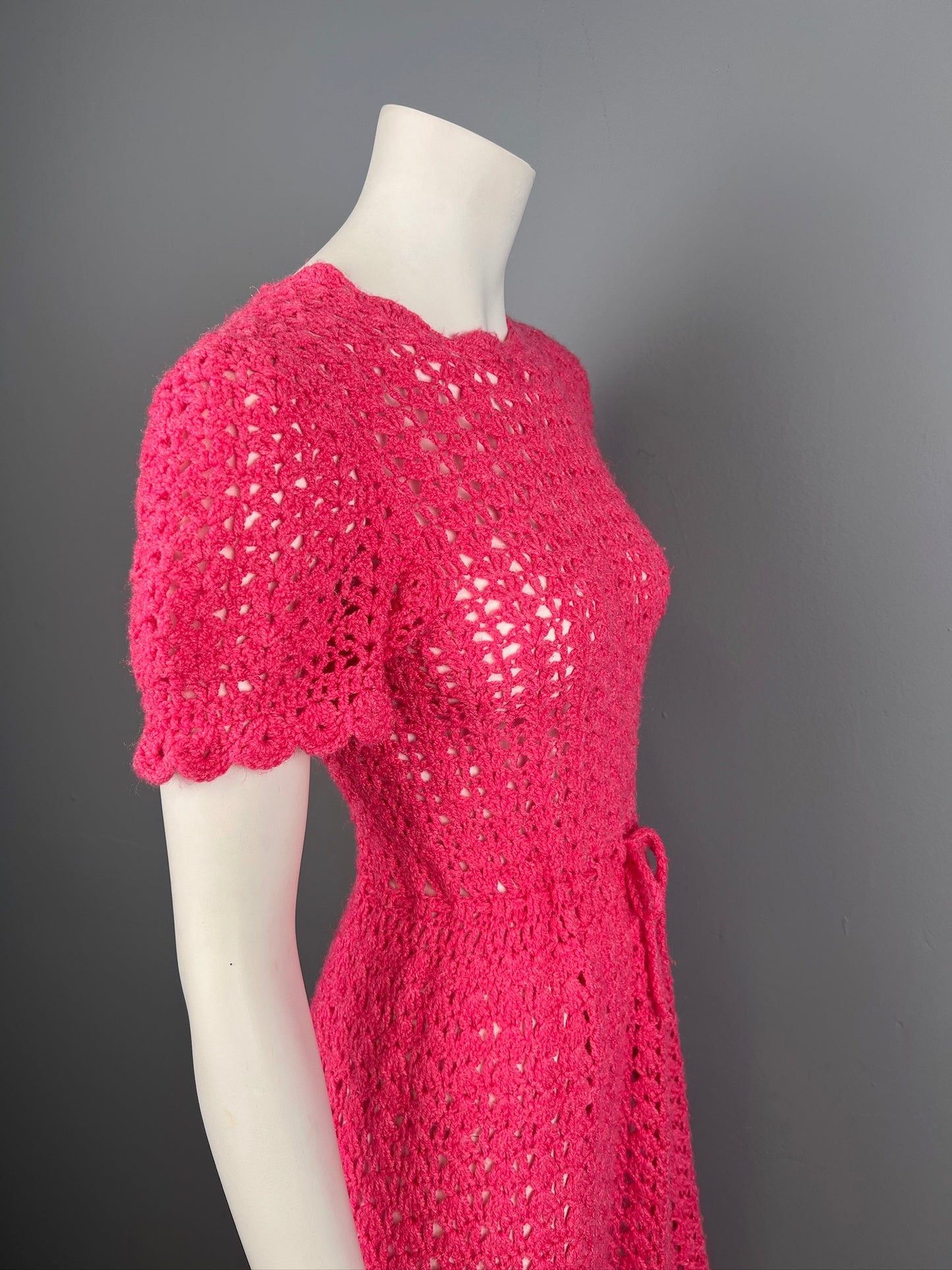 1960/70s Hand Crocheted Dress, Vintage Hot Pink Mod Crochet Dress, Size Small