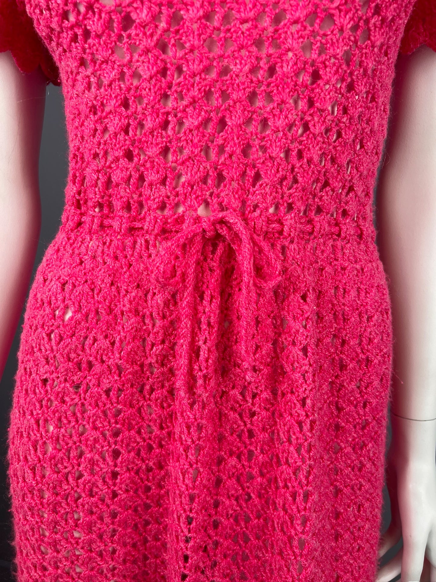 1960/70s Hand Crocheted Dress, Vintage Hot Pink Mod Crochet Dress, Size Small