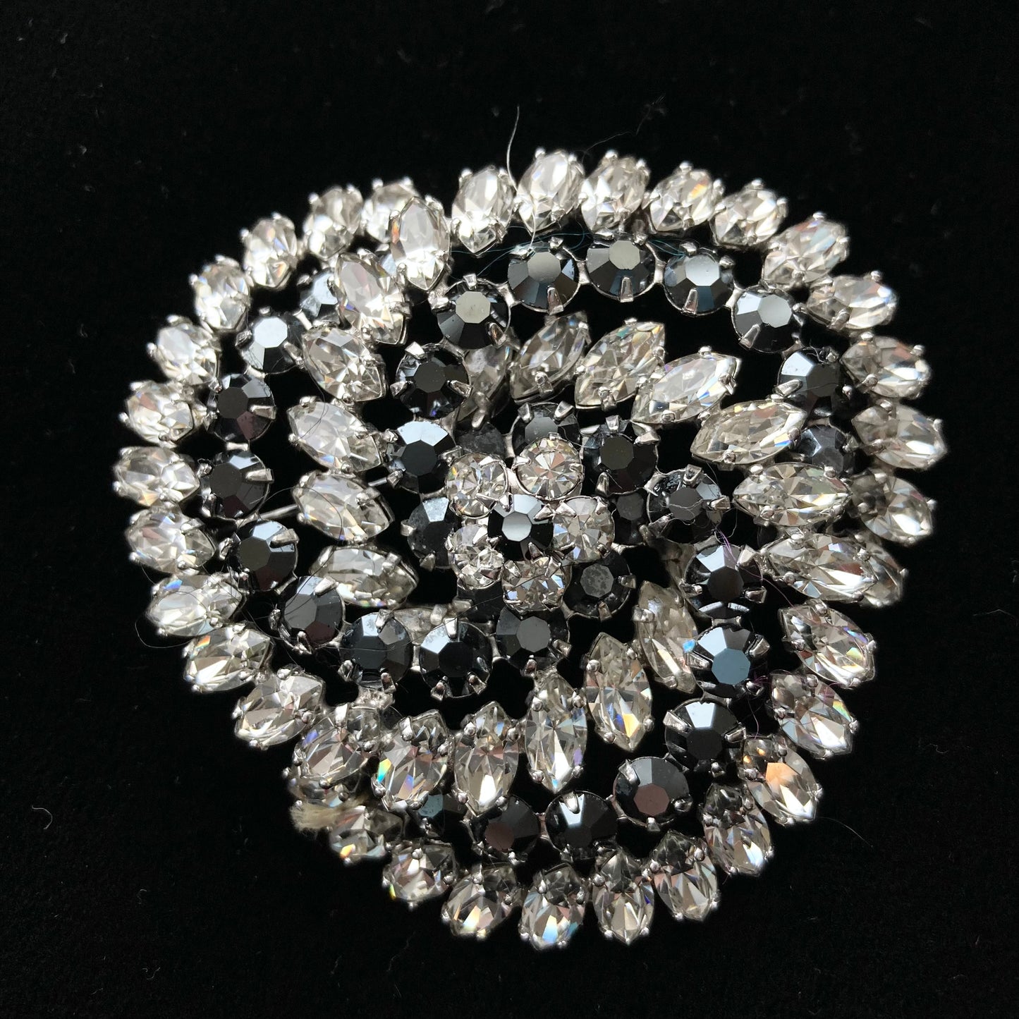 Large Sherman Rhinestone Brooch, Charcoal and Clear Rhinestones
