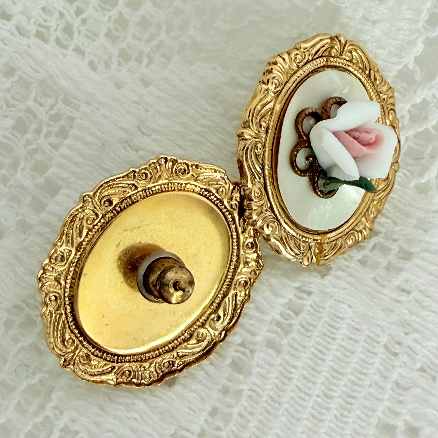 Vintage Mother of Pearl & Porcelain Pink Rose Cameo Style Pierced Earrings