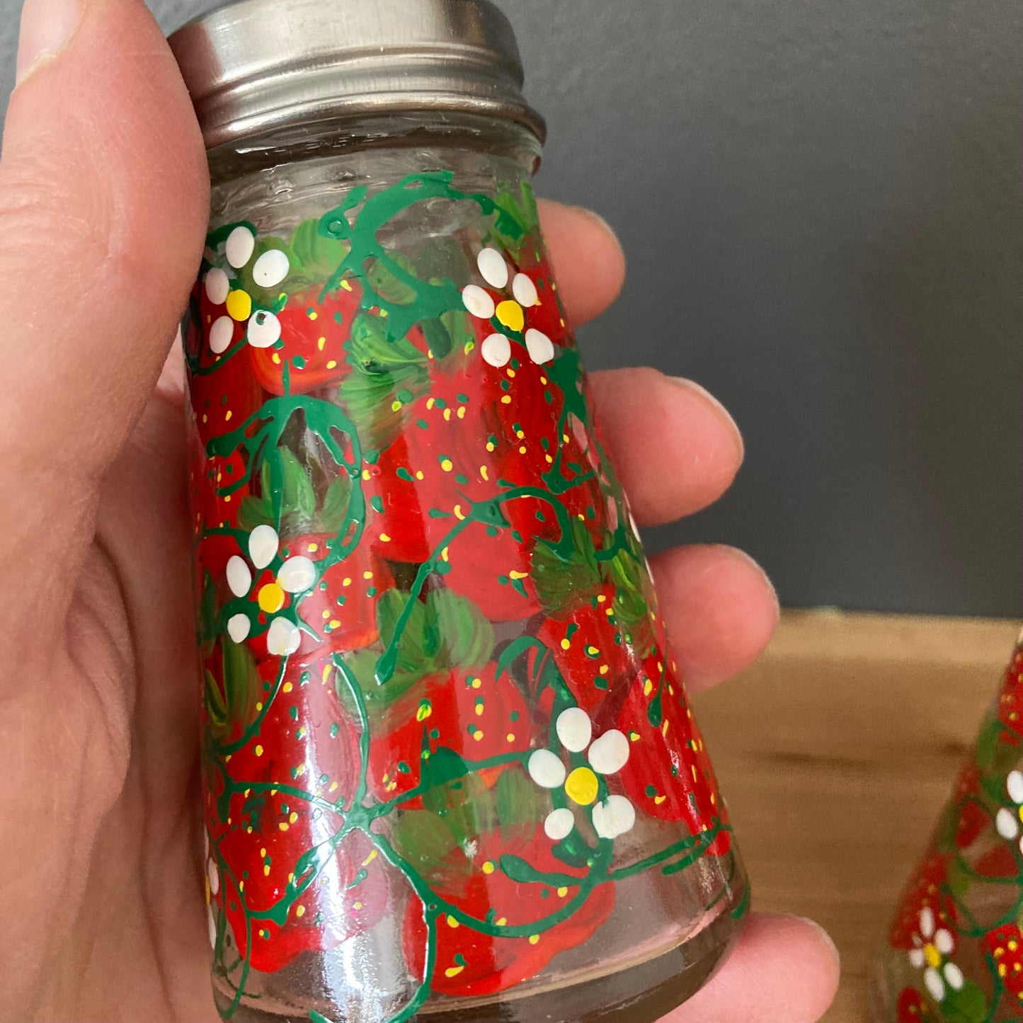 Large Grant Howard Handpainted Glass S&P Shakers, Strawberry S&P