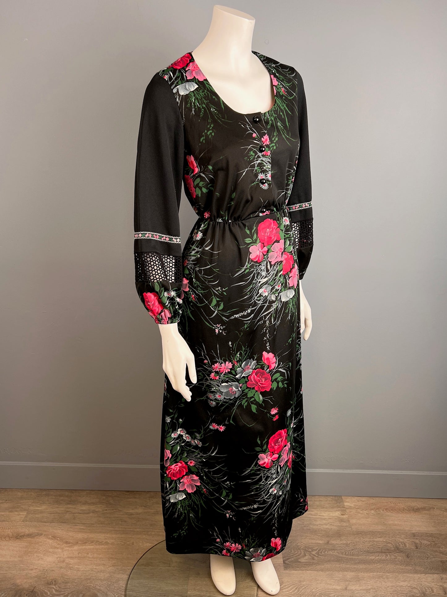 1970s Floral Pink on Black Maxi Dress by Leisure Lady, Size S