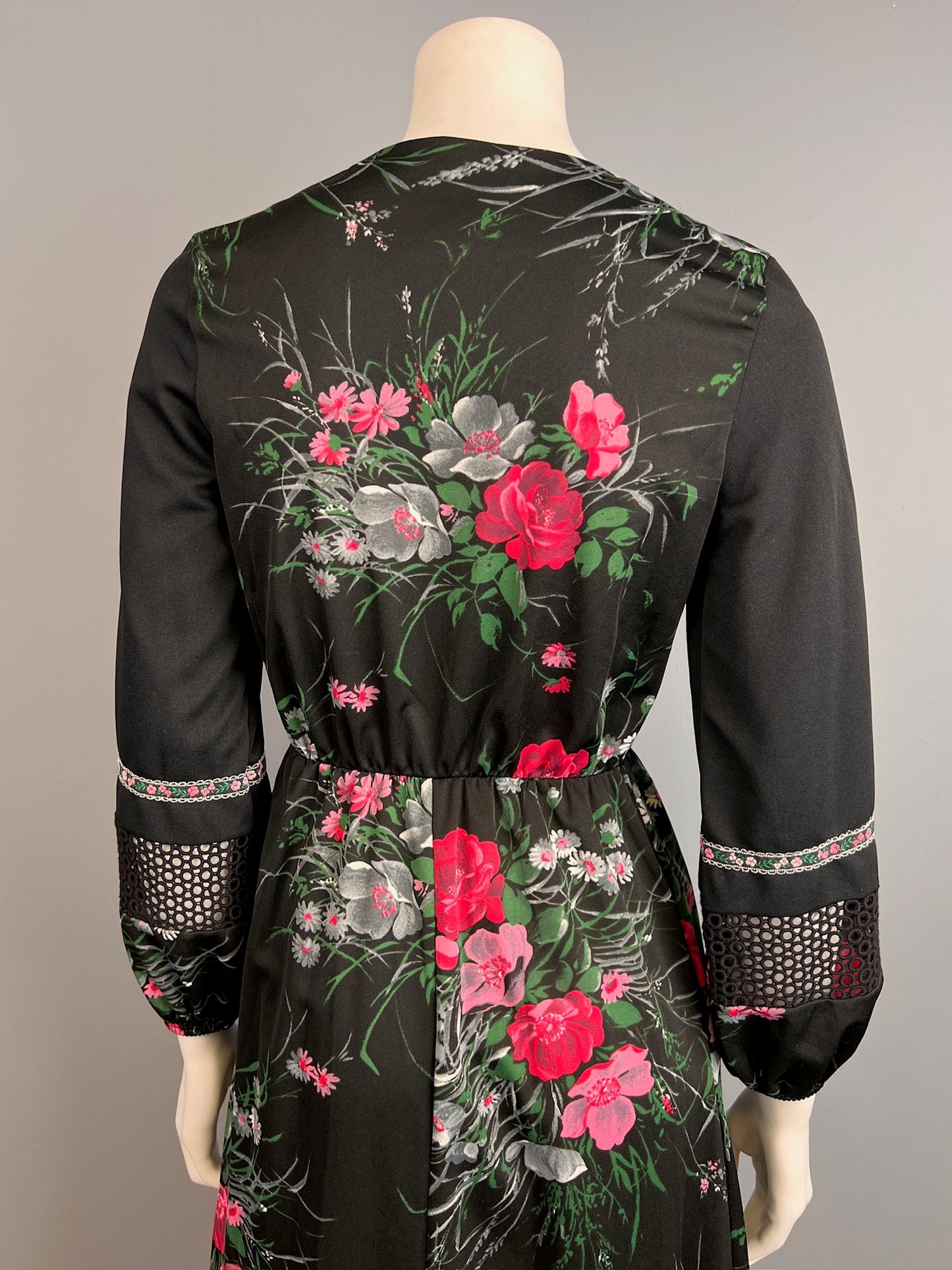 1970s Floral Pink on Black Maxi Dress by Leisure Lady, Size S