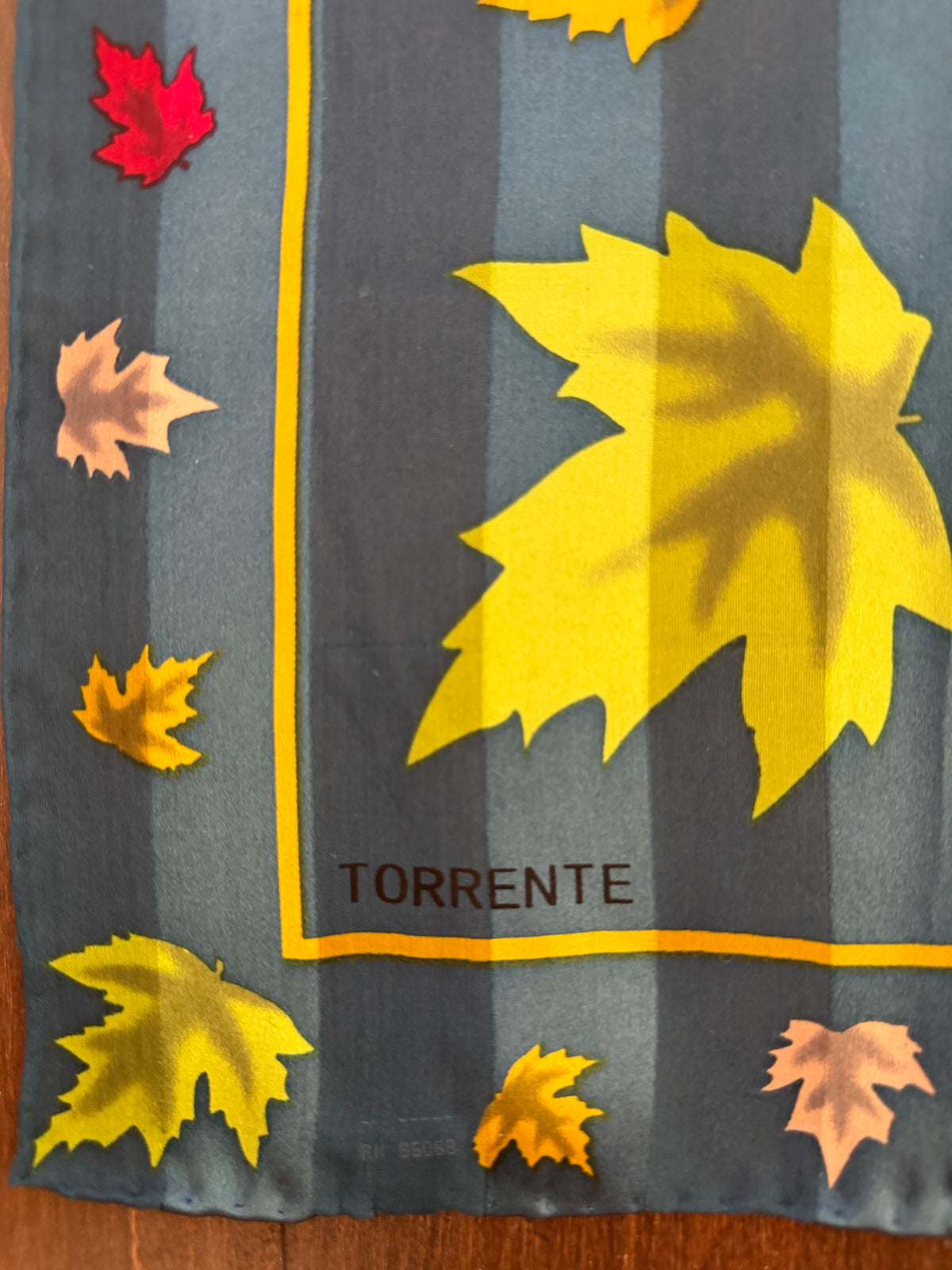 1990s Torrente Paris Autumn Silk Scarf Hand Rolled Teal & Gold