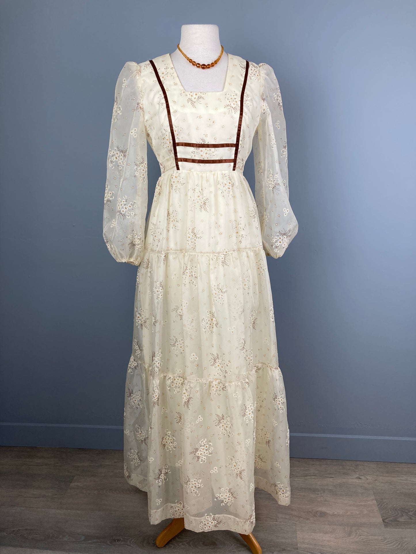 1970s Flocked Prairie Style Maxi Dress, Size S/M, Boho Wedding Dress