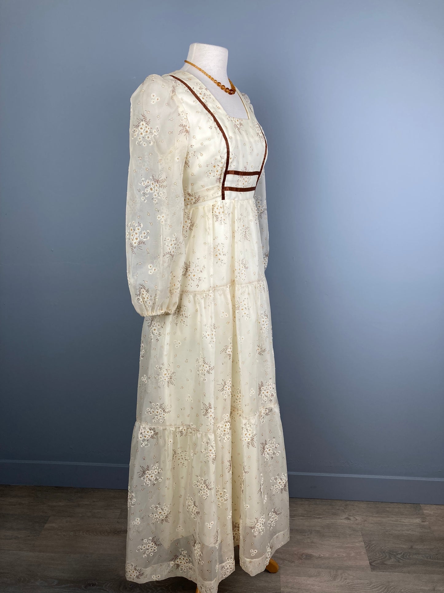 1970s Flocked Prairie Style Maxi Dress, Size S/M, Boho Wedding Dress