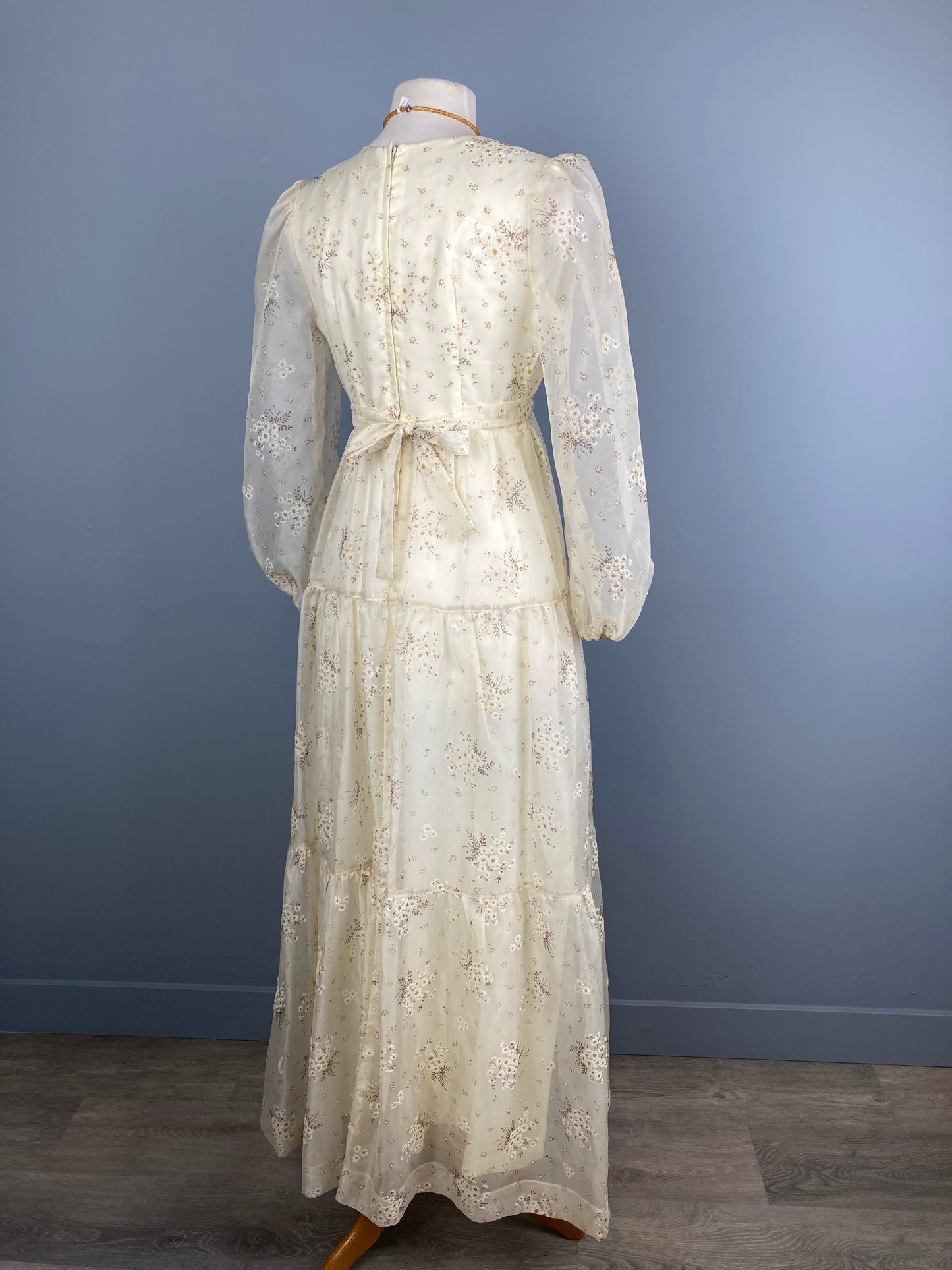 1970s Flocked Prairie Style Maxi Dress, Size S/M, Boho Wedding Dress
