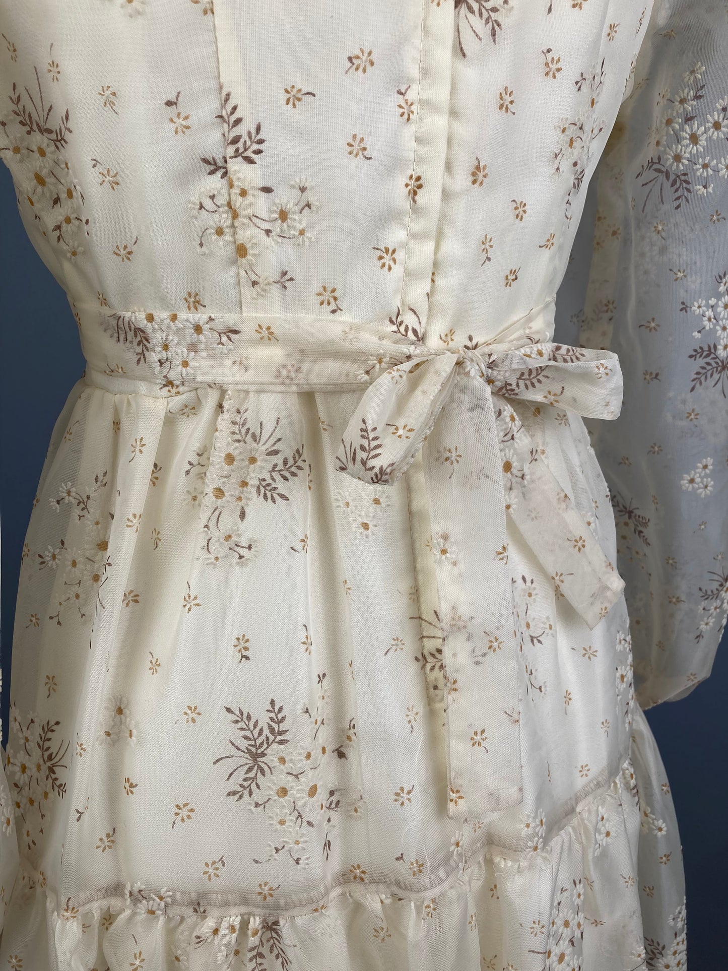 1970s Flocked Prairie Style Maxi Dress, Size S/M, Boho Wedding Dress