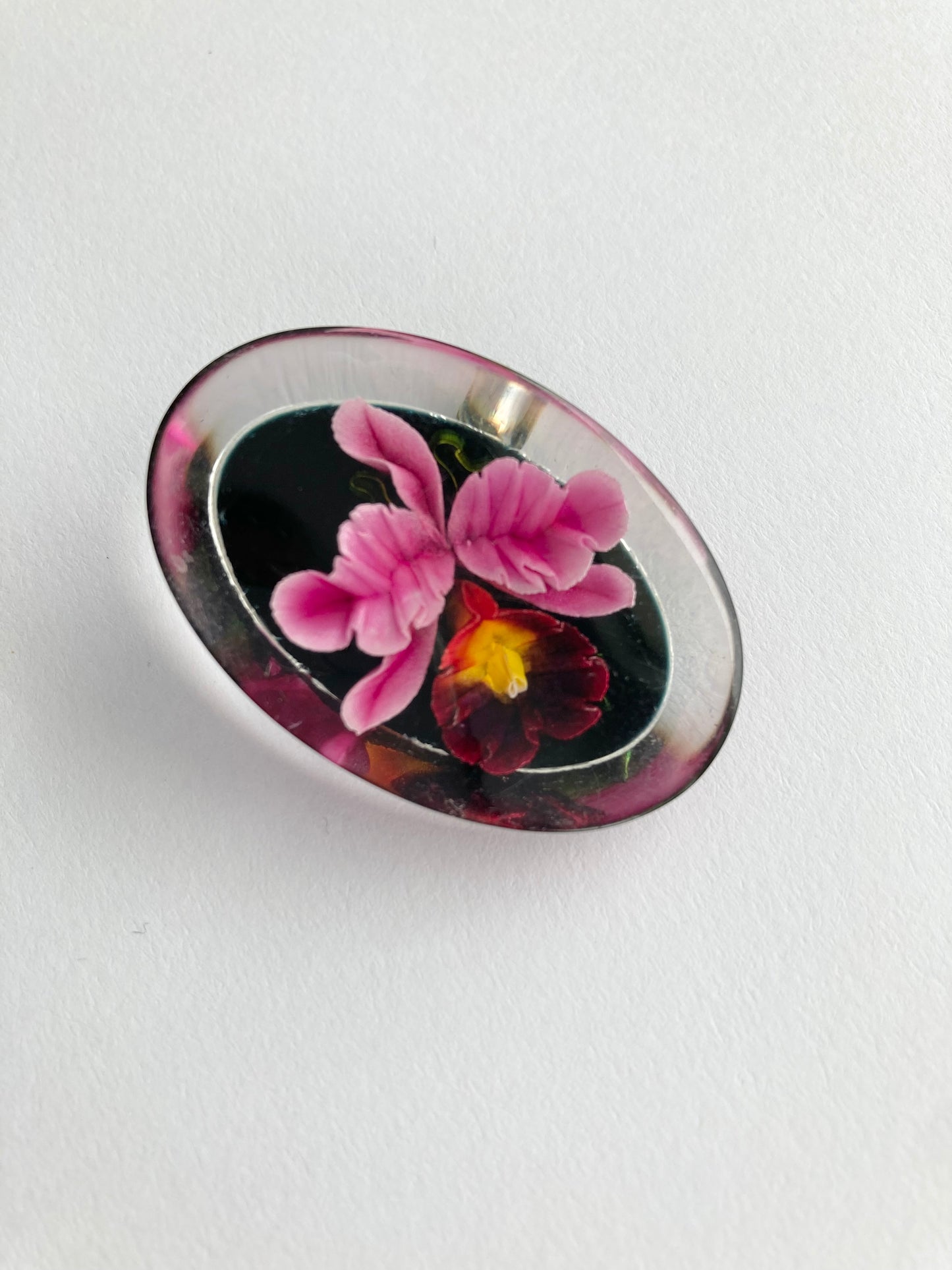 1950s Hand Carved Lucite Orchid Brooch, Reverse Carved Gem Tone Orchid Flower Brooch