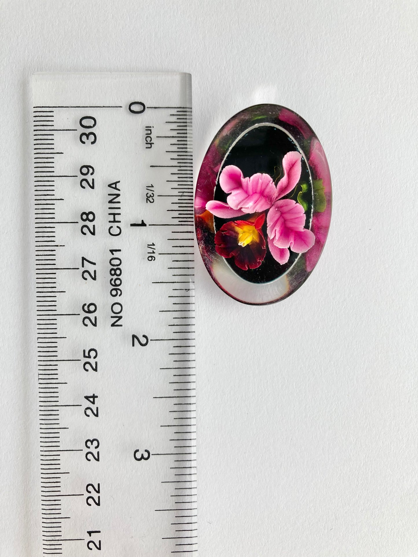 1950s Hand Carved Lucite Orchid Brooch, Reverse Carved Gem Tone Orchid Flower Brooch