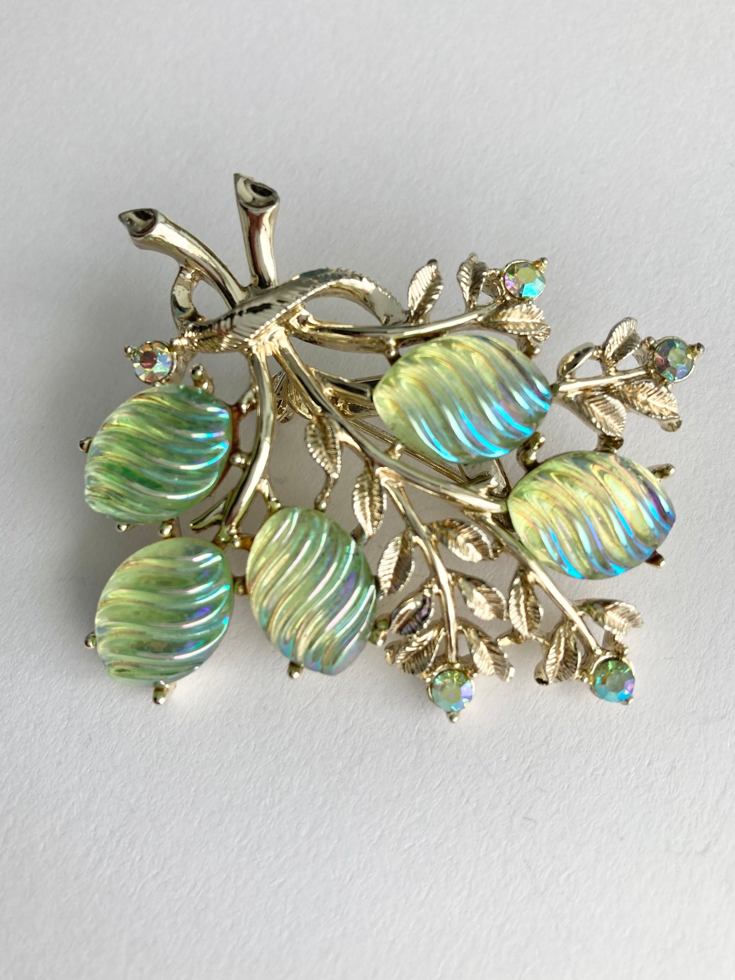 Vintage Green Bud & Leaf Bouquet Brooch, Midcentury Rhinestone Brooch