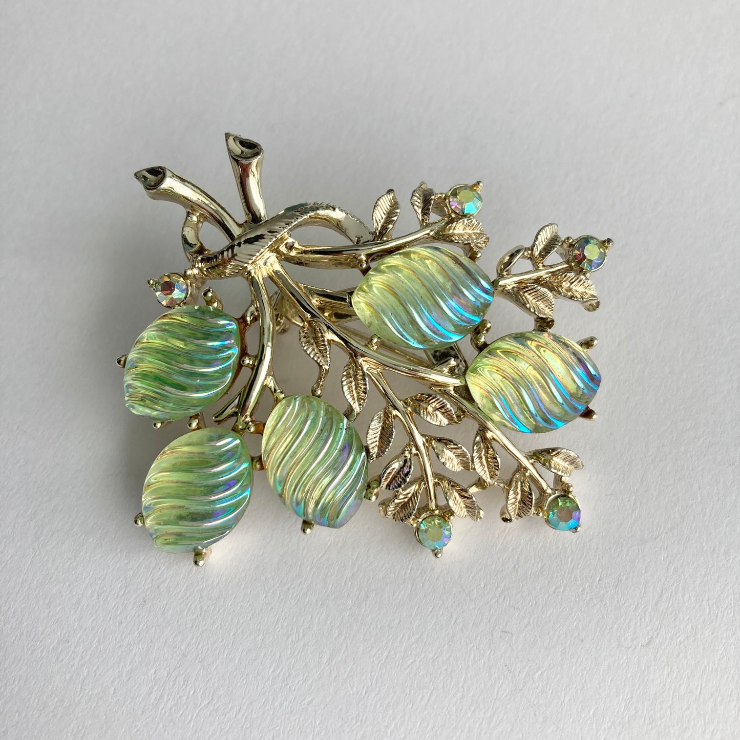 Vintage Green Bud & Leaf Bouquet Brooch, Midcentury Rhinestone Brooch