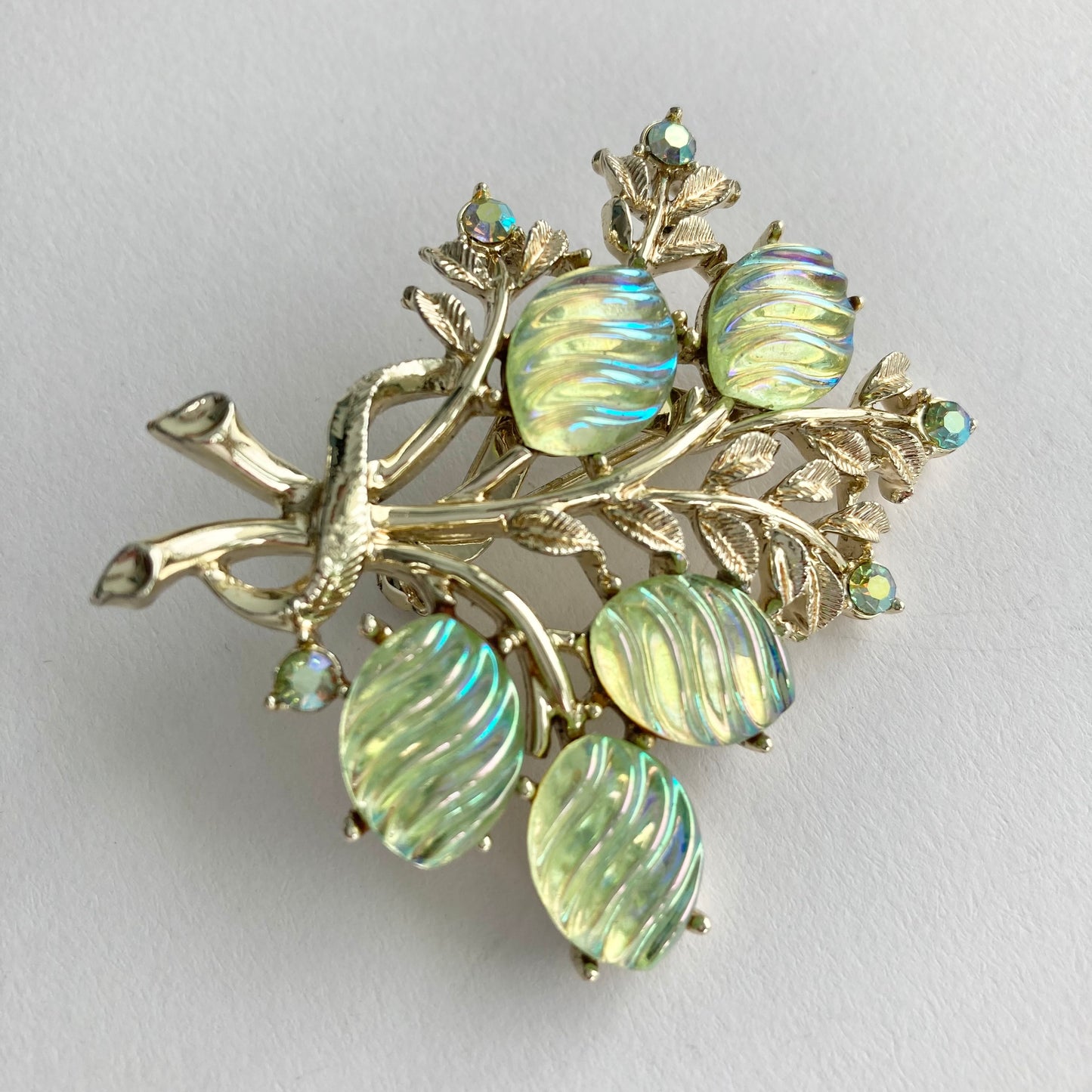 Vintage Green Bud & Leaf Bouquet Brooch, Midcentury Rhinestone Brooch