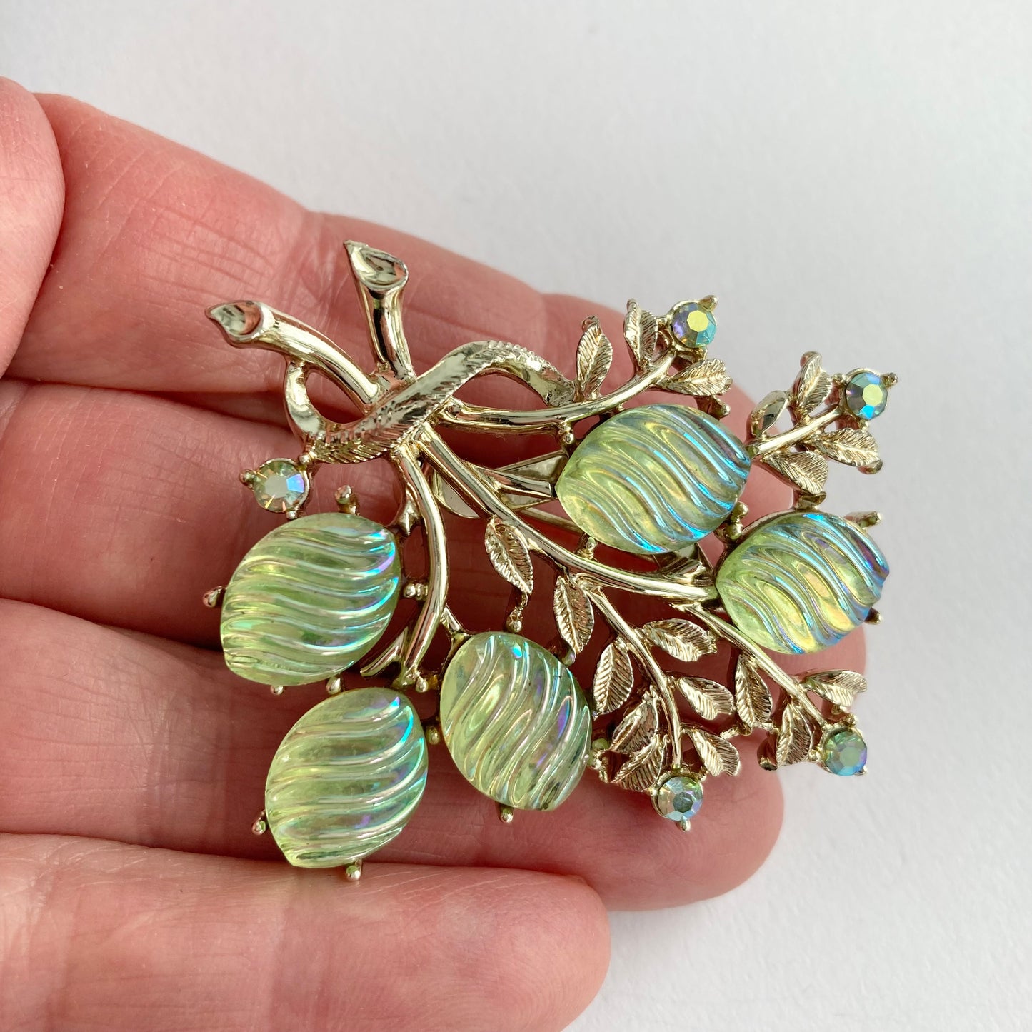 Vintage Green Bud & Leaf Bouquet Brooch, Midcentury Rhinestone Brooch