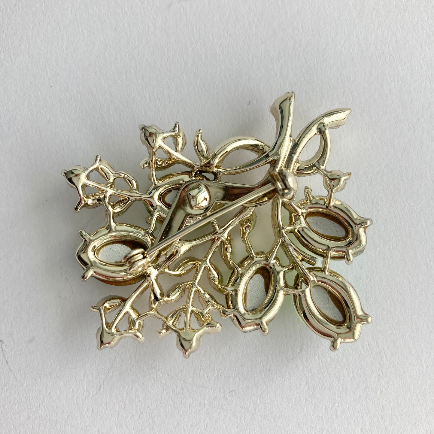 Vintage Green Bud & Leaf Bouquet Brooch, Midcentury Rhinestone Brooch