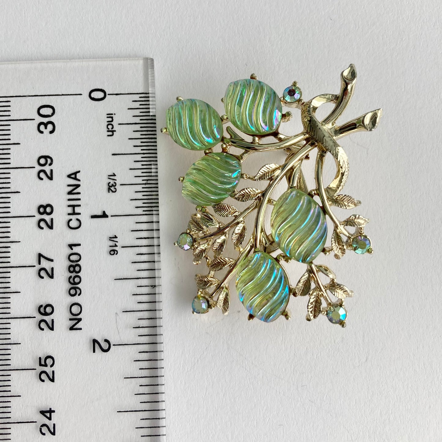 Vintage Green Bud & Leaf Bouquet Brooch, Midcentury Rhinestone Brooch