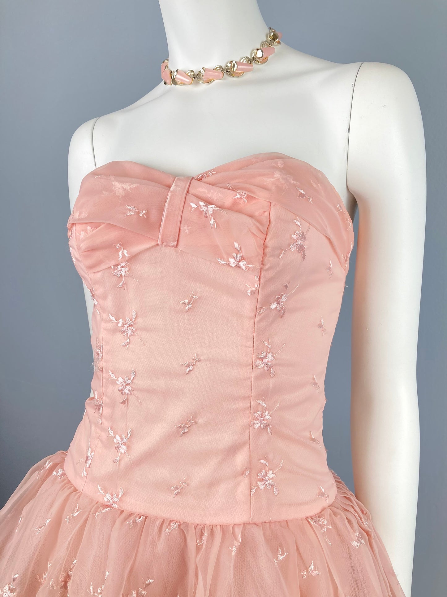 Sweet Pink 1950s Prom Dress, Vintage Embroidered Chiffon and Tulle Prom Dress, Size XS