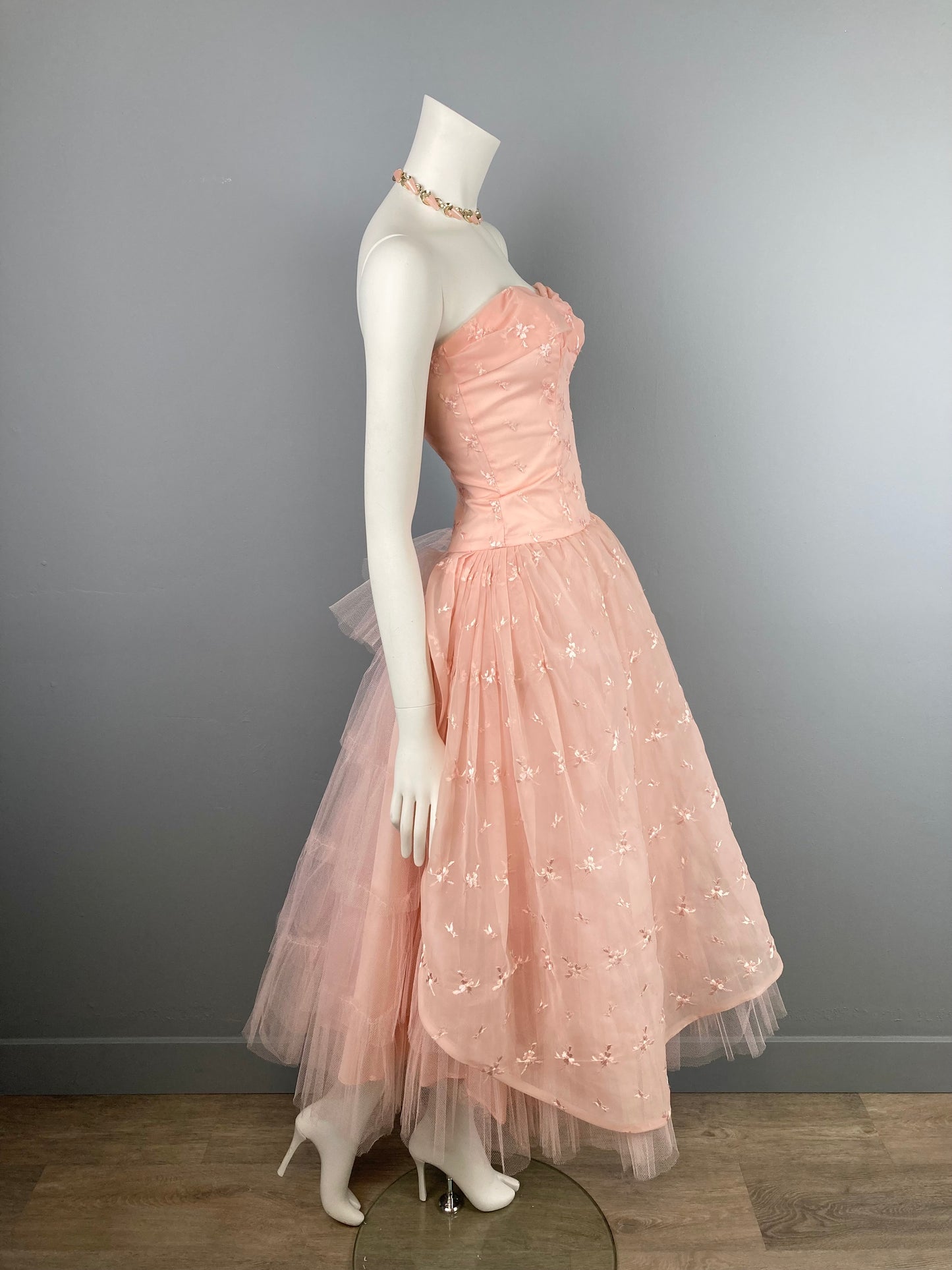 Sweet Pink 1950s Prom Dress, Vintage Embroidered Chiffon and Tulle Prom Dress, Size XS