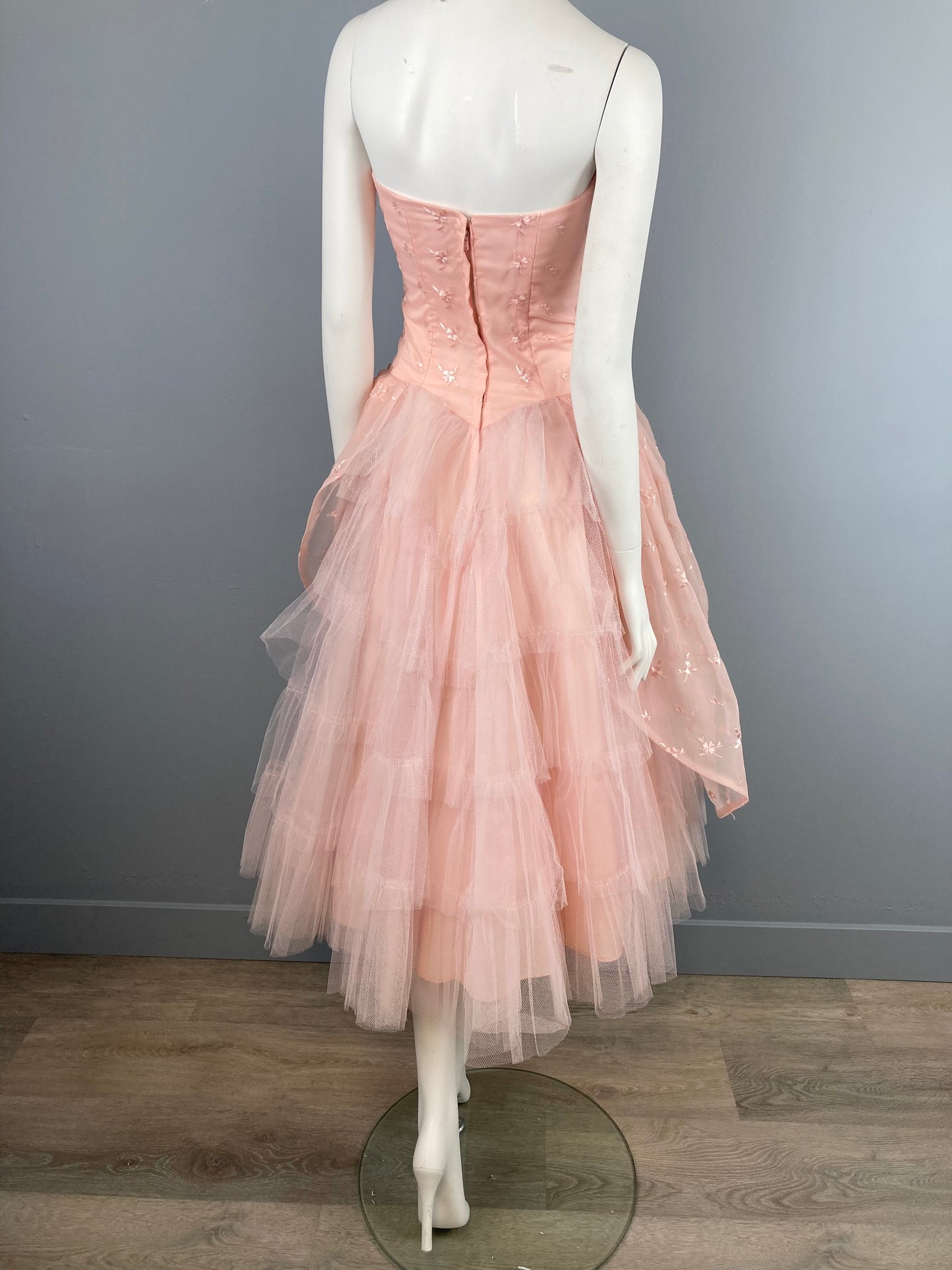Sweet Pink 1950s Prom Dress, Vintage Embroidered Chiffon and Tulle Prom Dress, Size XS