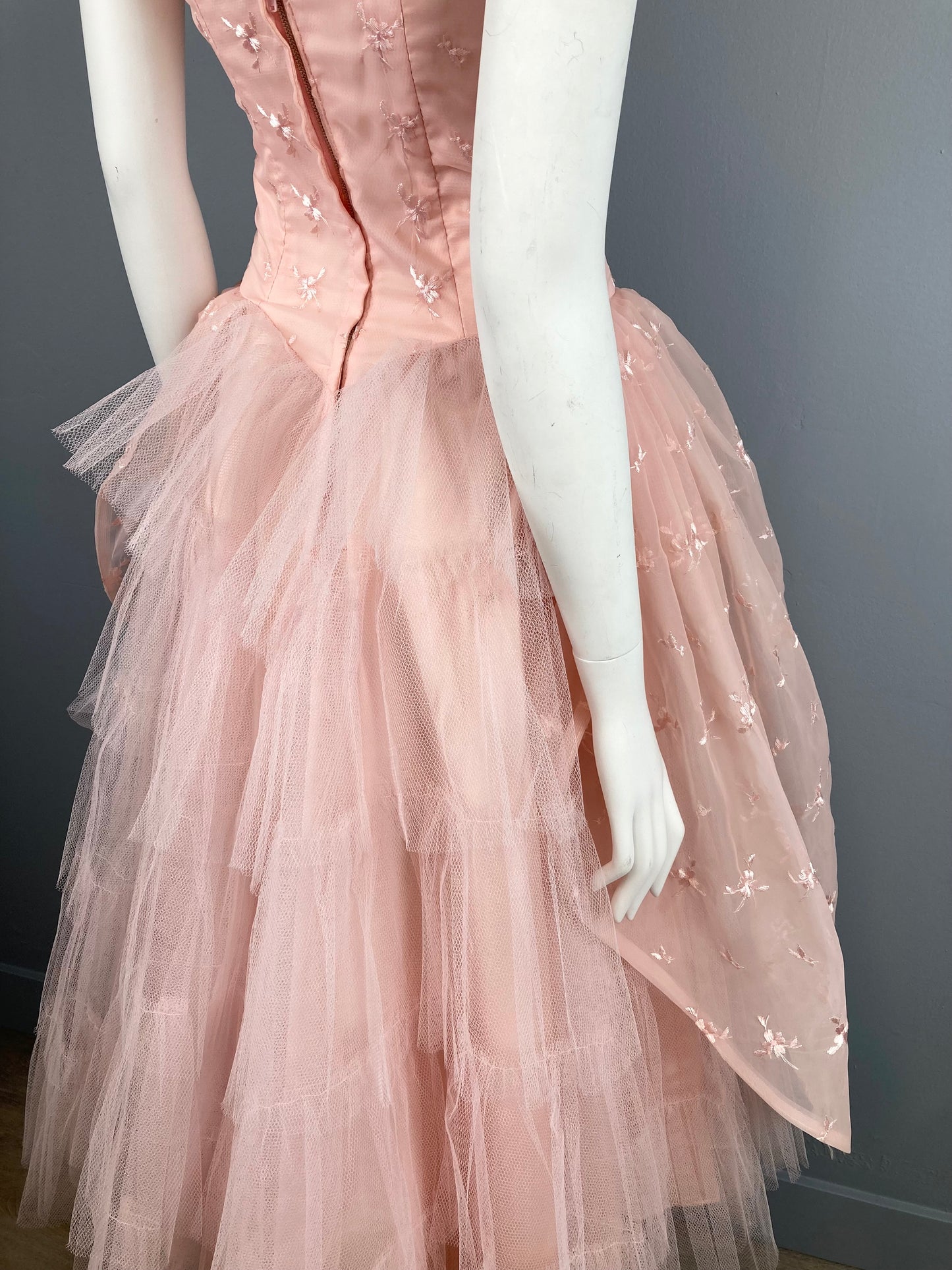 Sweet Pink 1950s Prom Dress, Vintage Embroidered Chiffon and Tulle Prom Dress, Size XS