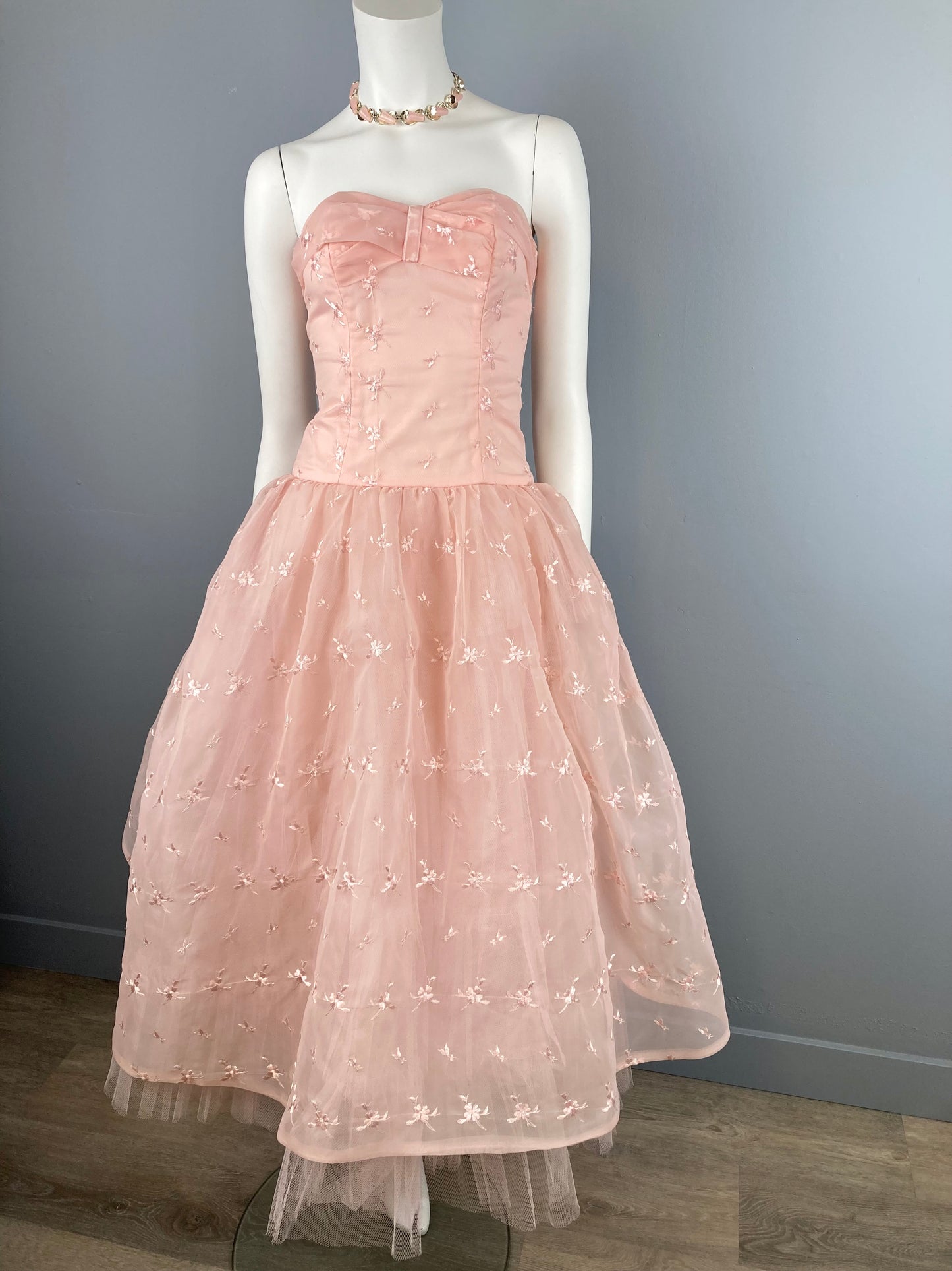 Sweet Pink 1950s Prom Dress, Vintage Embroidered Chiffon and Tulle Prom Dress, Size XS