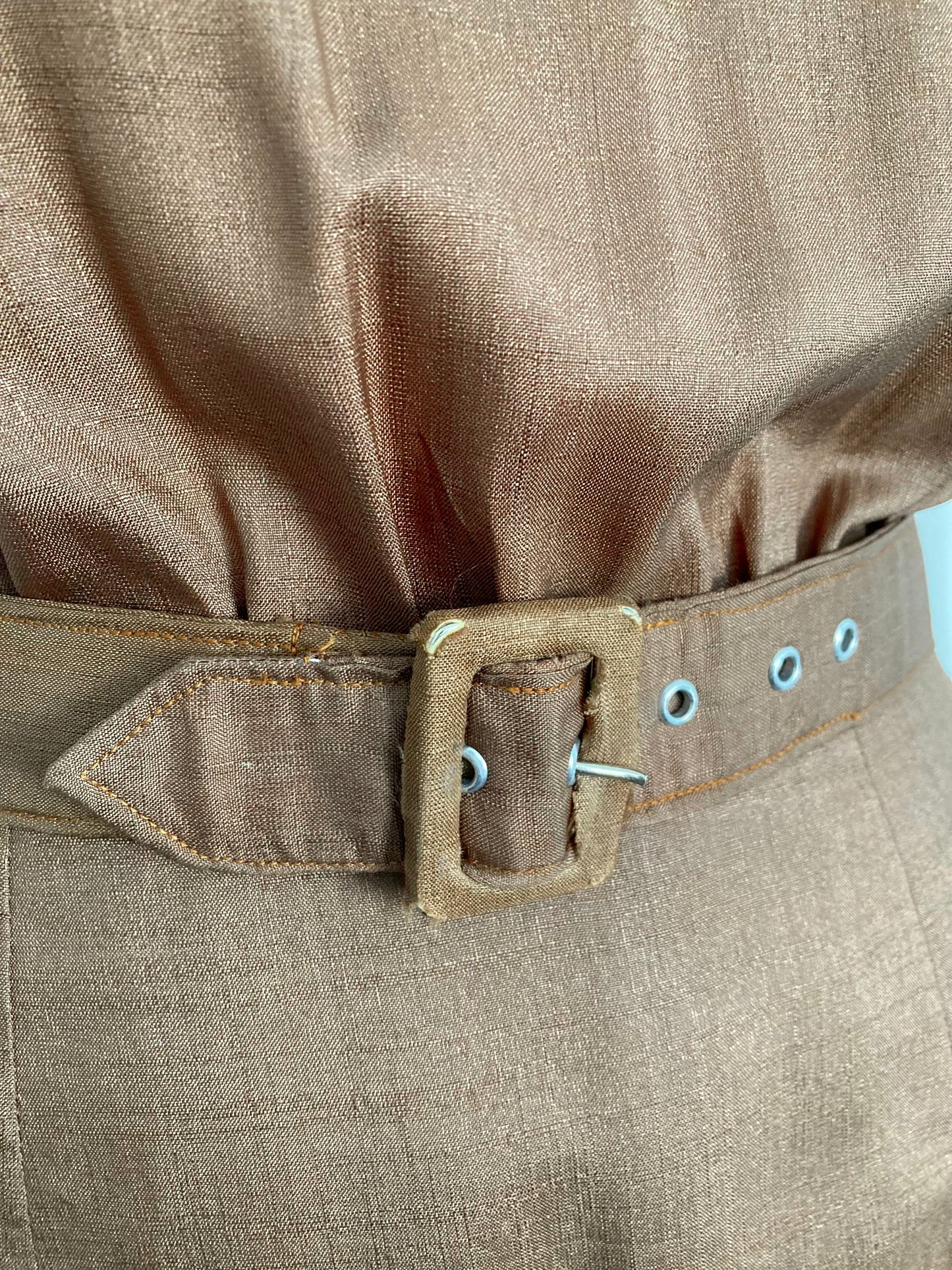 1950s Mocha Day Dress with Pleated Skirt Details, Size XS