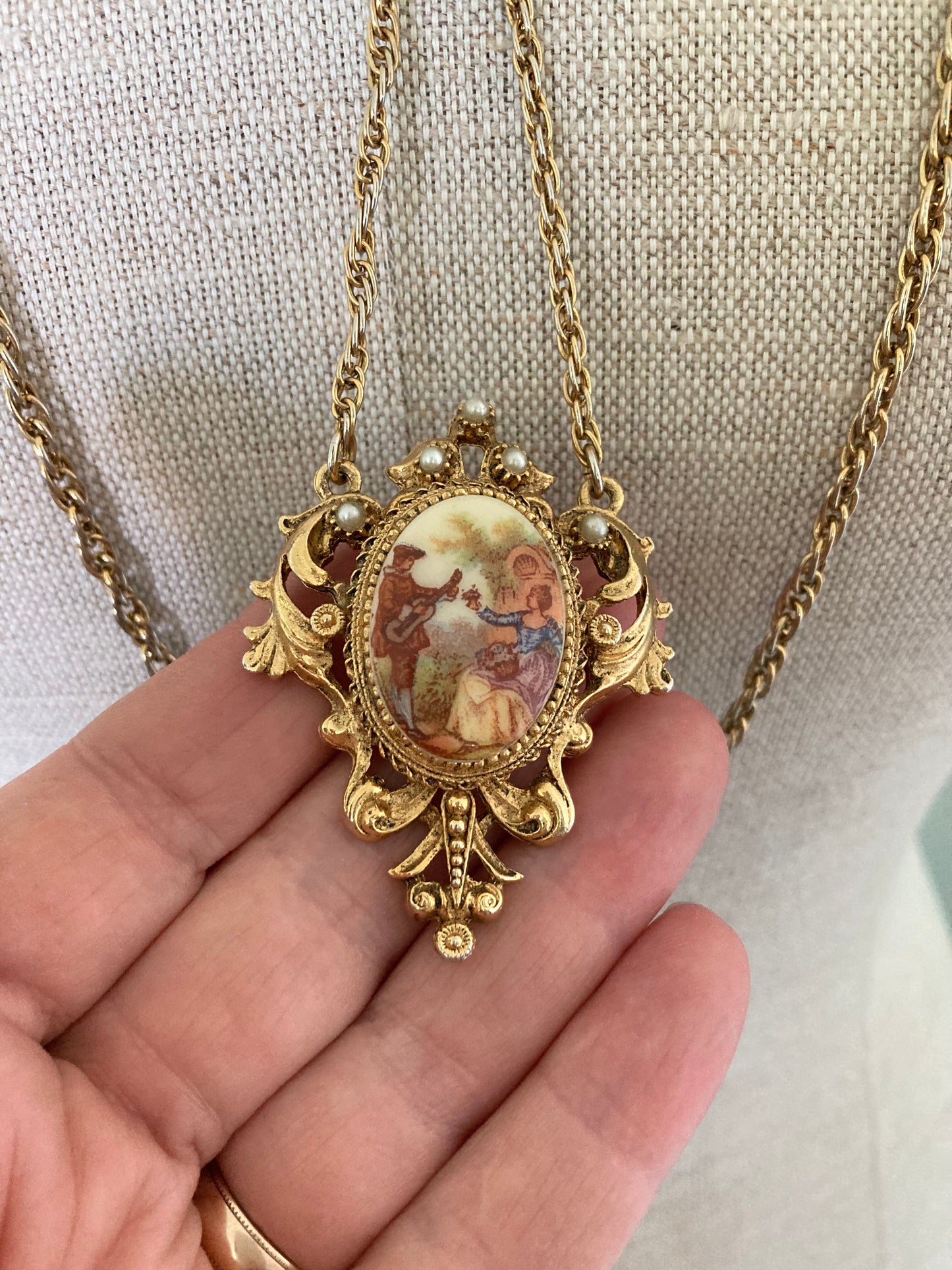Vintage Fragonard Style Cameo Set, Rococo Porcelain Cameo Necklace and Earrings