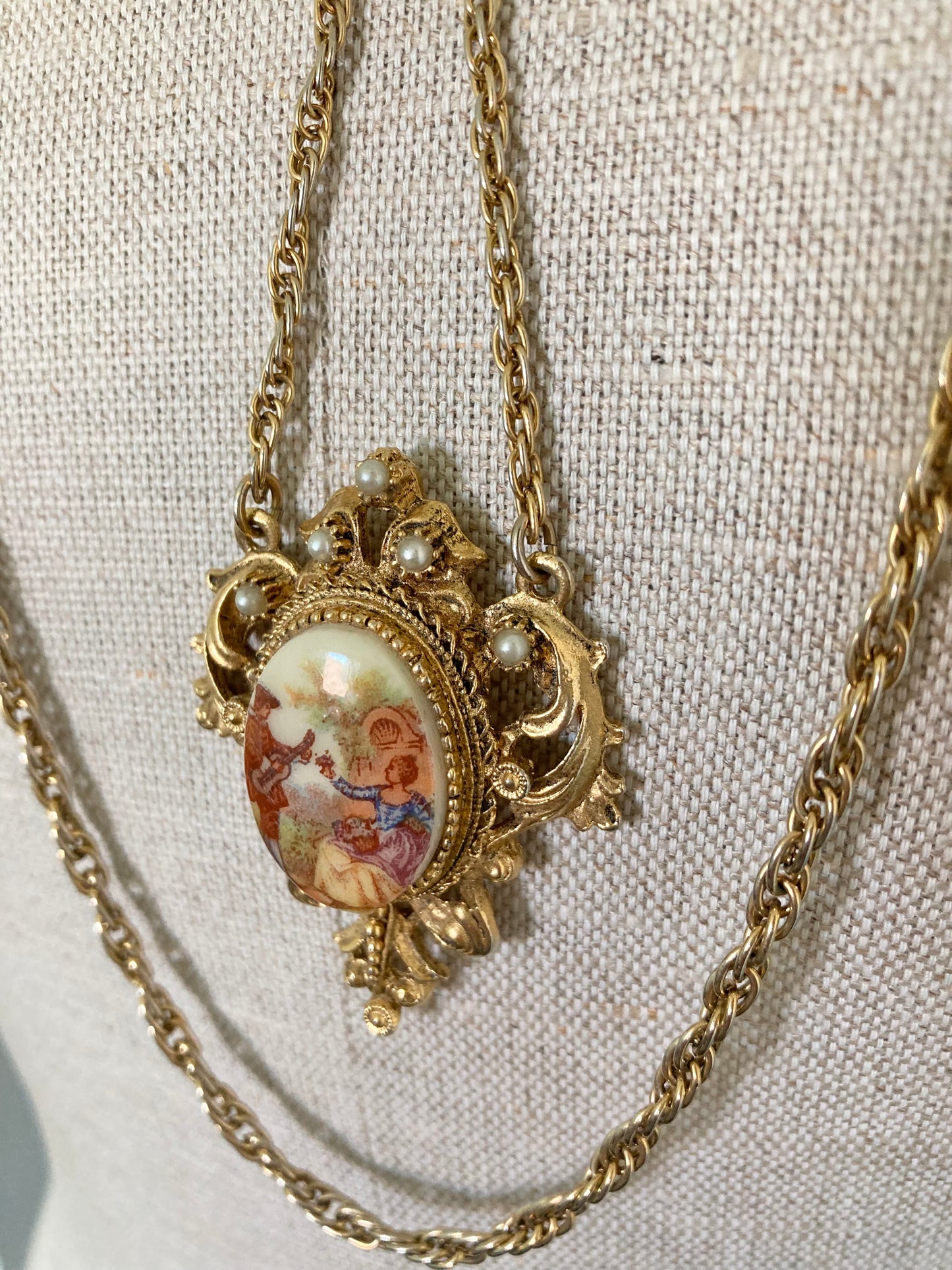 Vintage Fragonard Style Cameo Set, Rococo Porcelain Cameo Necklace and Earrings