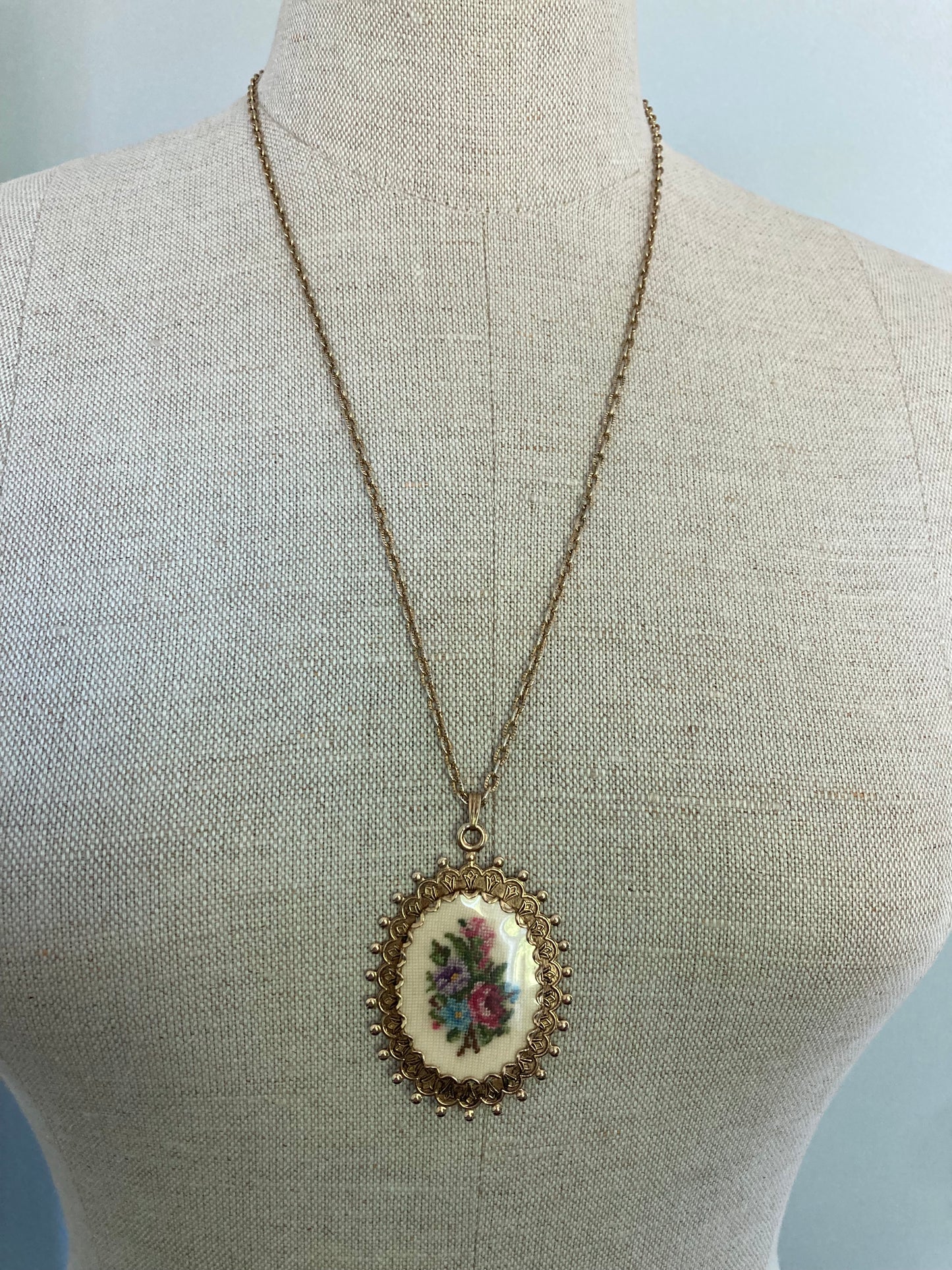 Romantic Vintage Petitpoint Necklace, Fairycore, Cottage Core, Embroidered Necklace