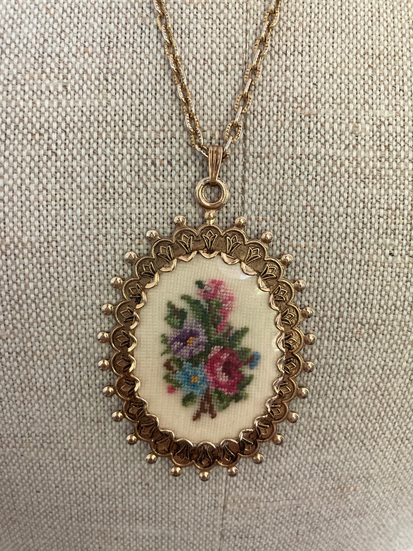 Romantic Vintage Petitpoint Necklace, Fairycore, Cottage Core, Embroidered Necklace